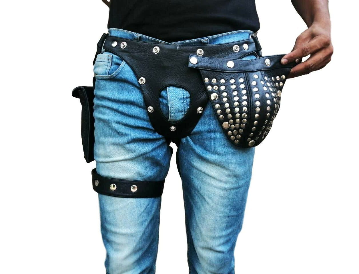 Men Black Leather Jock Strap with Mobile Pocket, Men's Pouch,Thong,Fetish,Gay - MRI Leathers