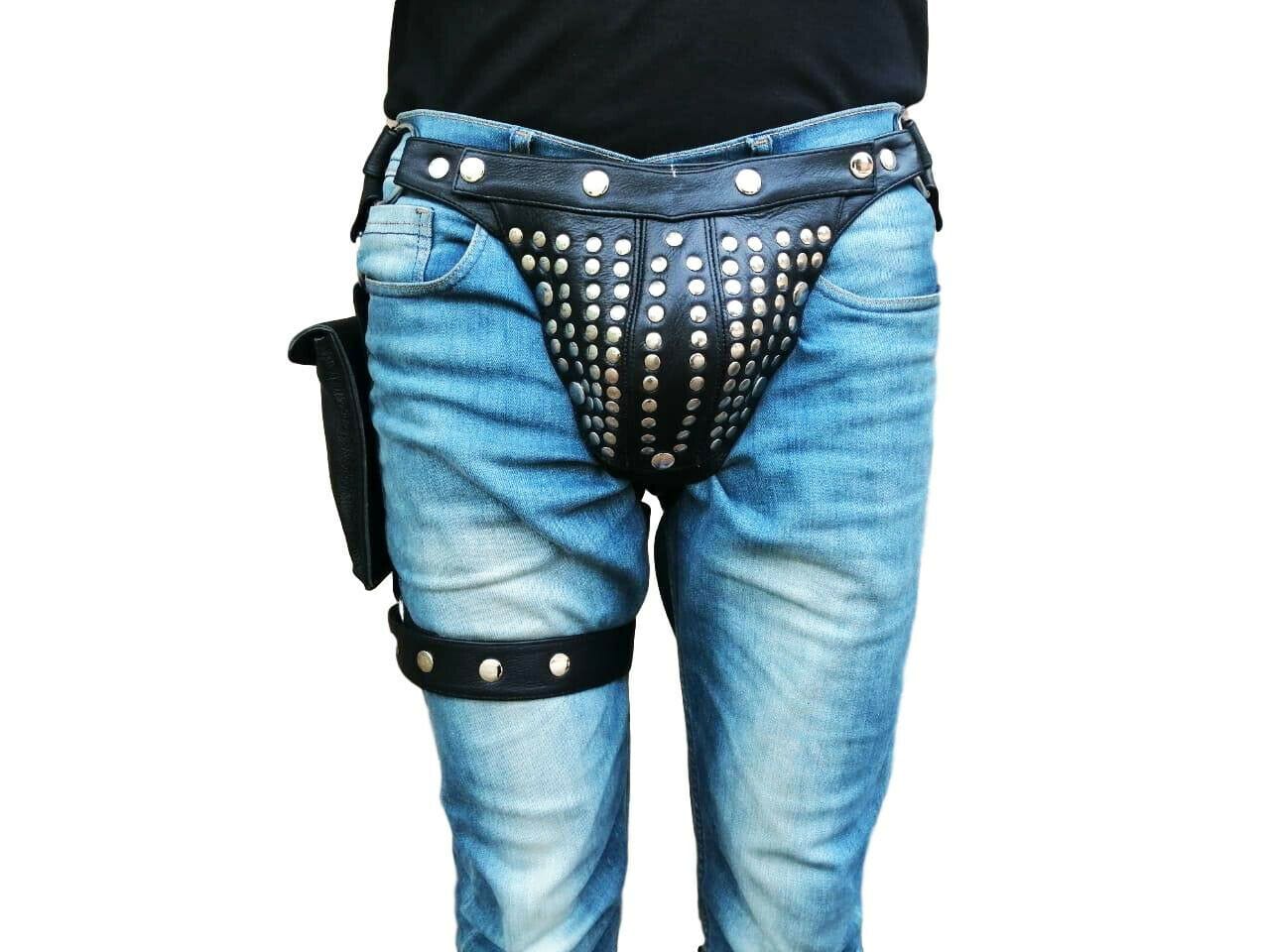 Men Black Leather Jock Strap with Mobile Pocket, Men's Pouch,Thong,Fetish,Gay - MRI Leathers