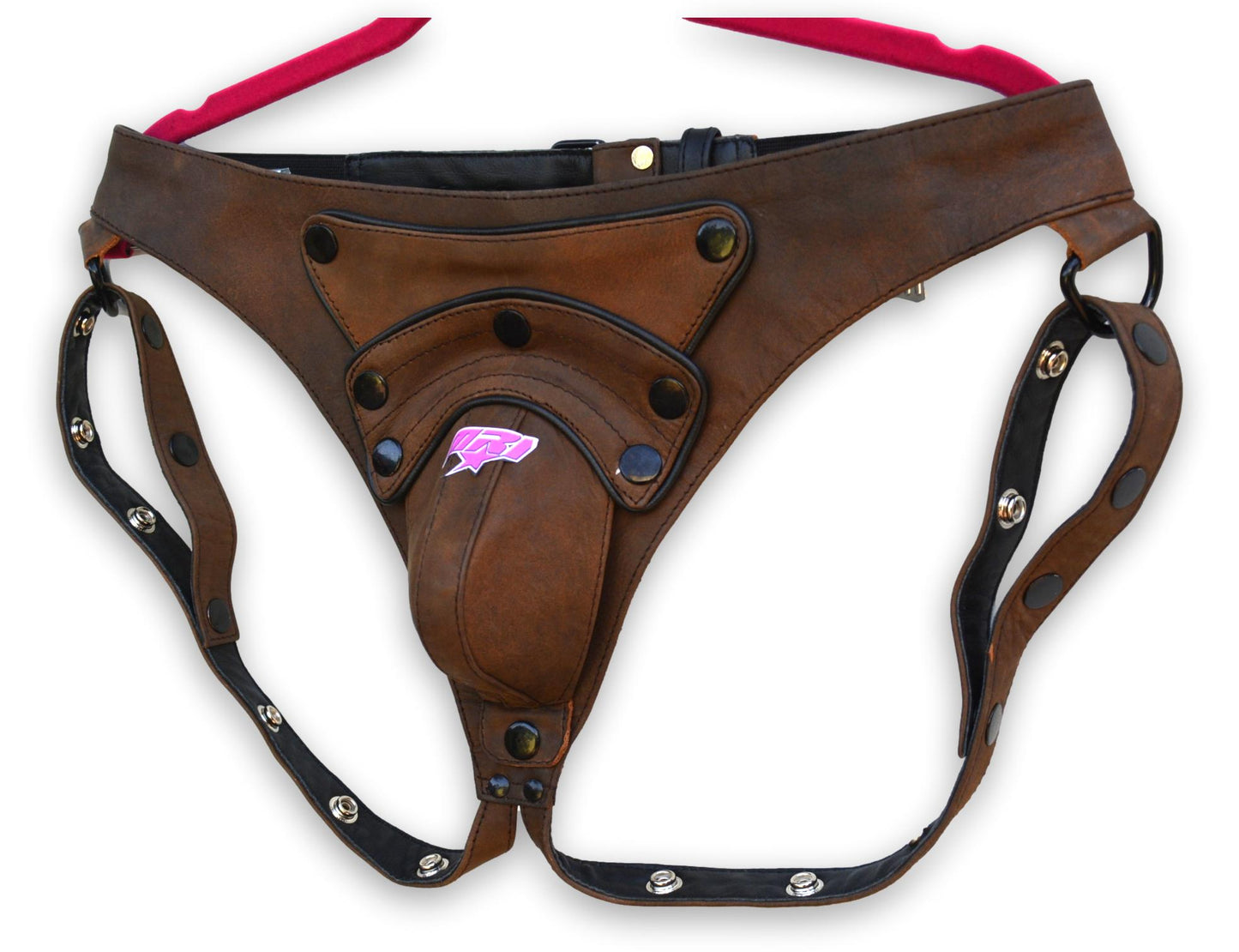 Men's brown leather jock strap with removable pouch and back closure.
