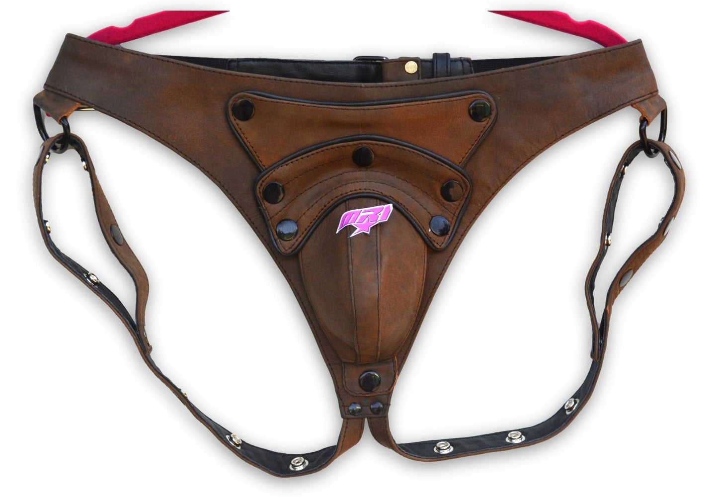 Men's brown leather jock strap with removable pouch and adjustable straps.