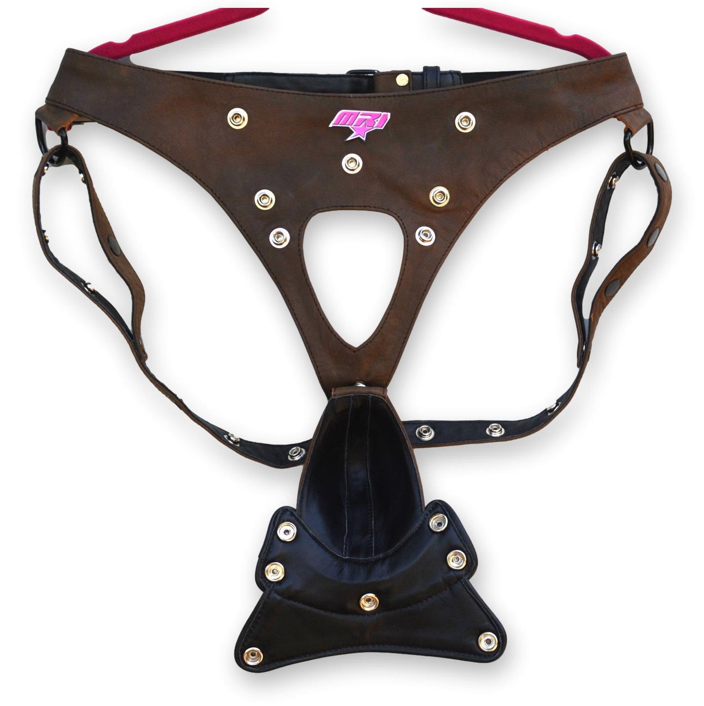 Men's brown leather jock strap with removable pouch and back closure.