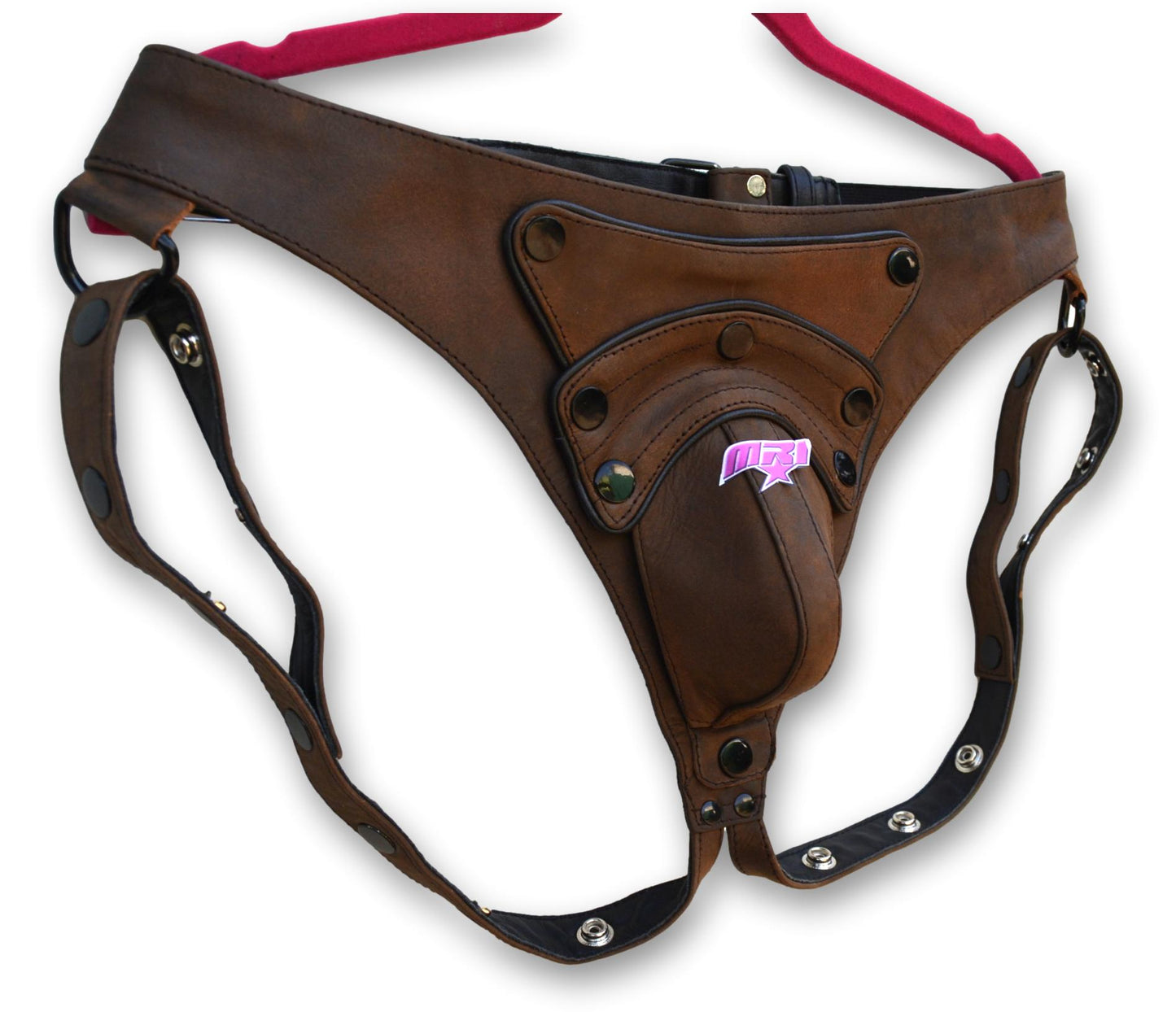 Men's brown leather jock strap with removable pouch and back closure.
