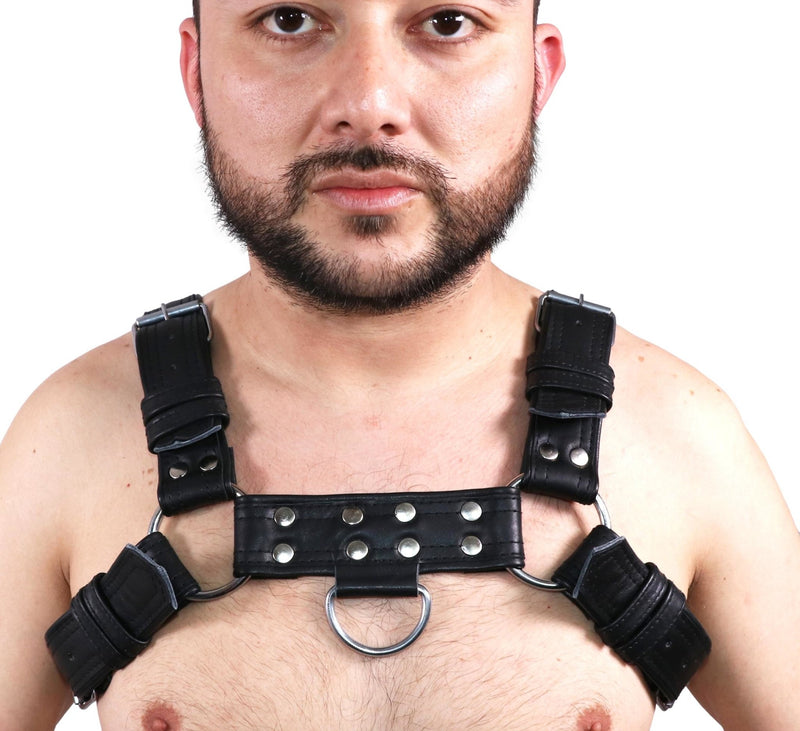 Men leather chest bulldog harness with stud jockstrap - MRI Leathers