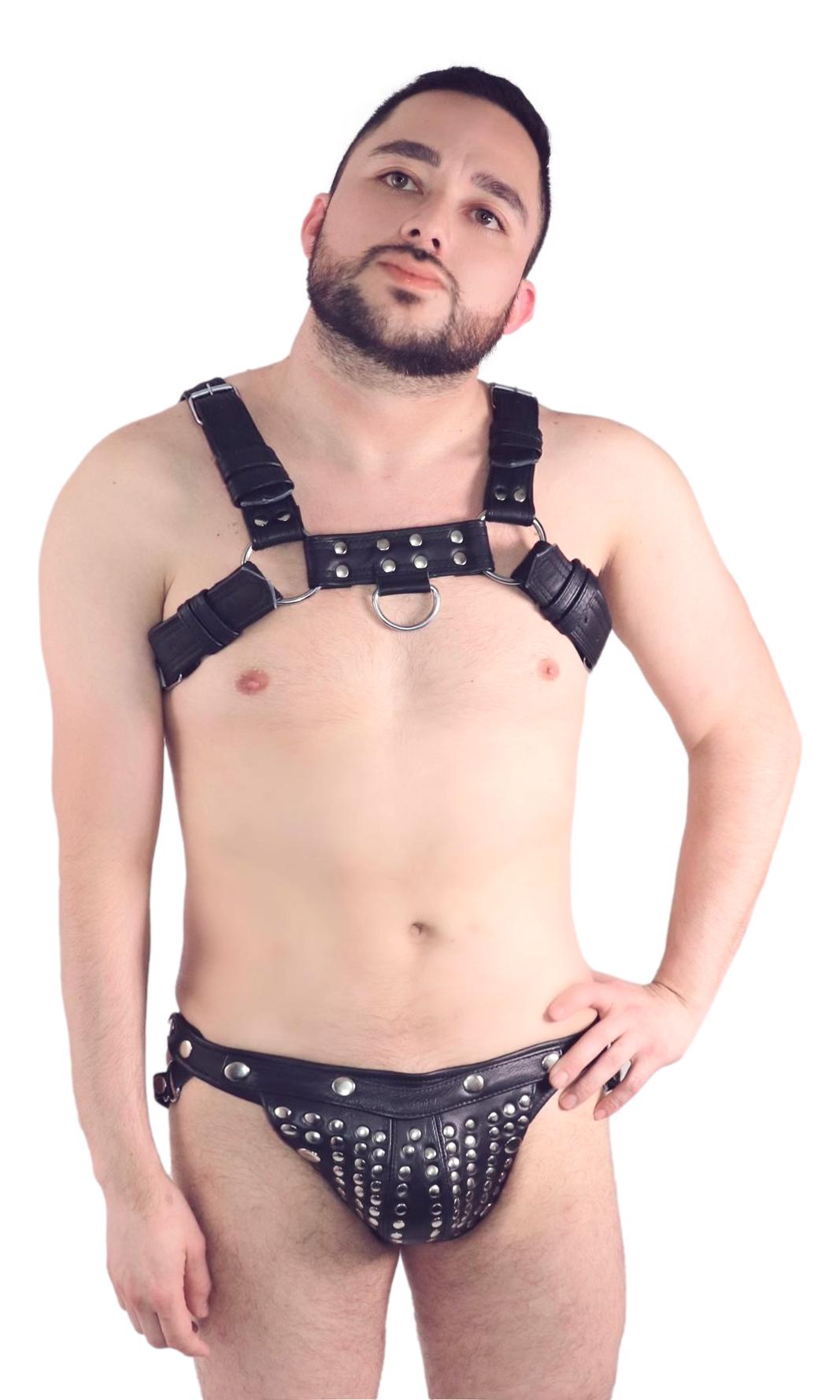 Men leather chest bulldog harness with stud jockstrap - MRI Leathers