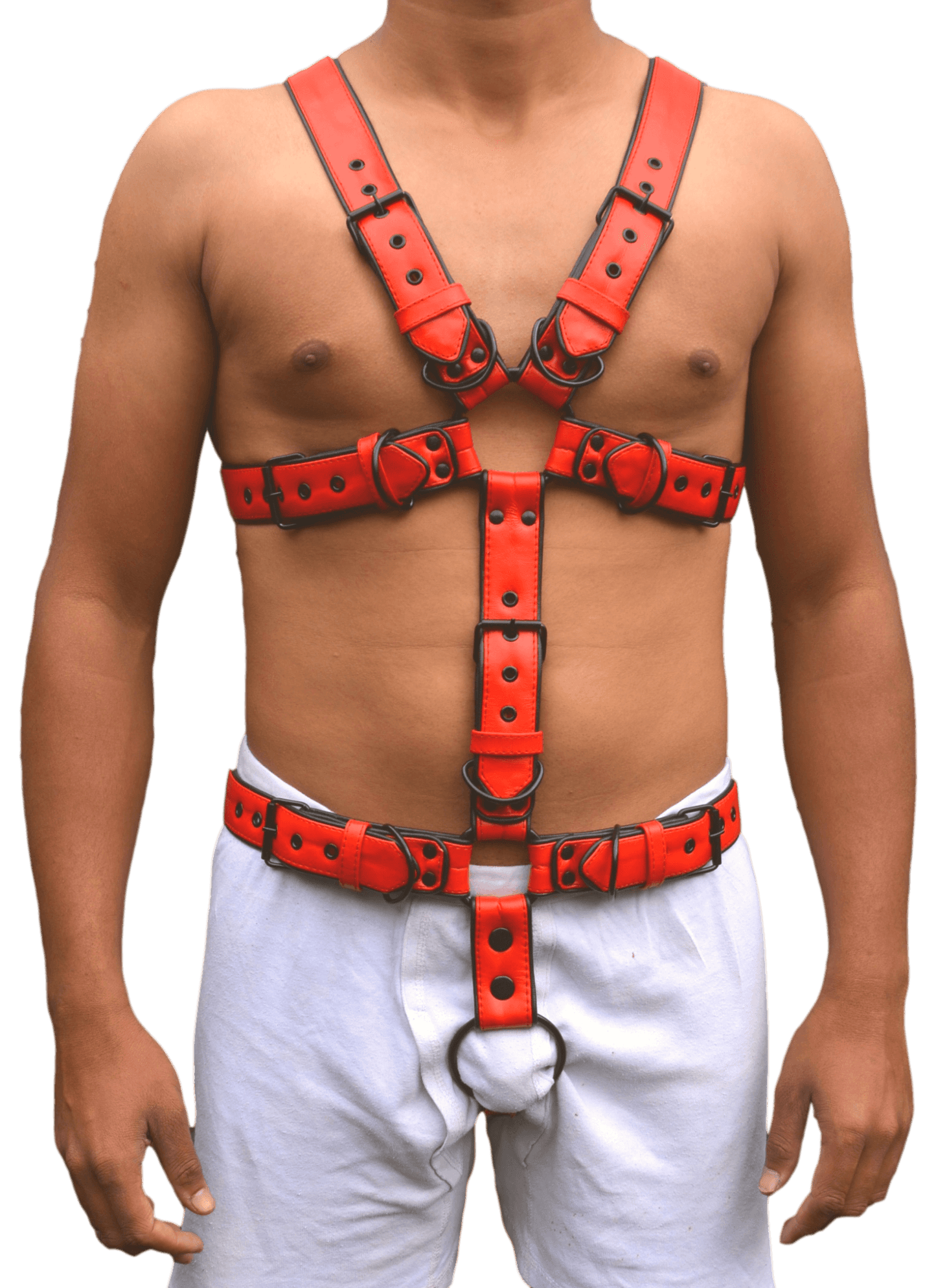 Men leather restrain chest harness full body clubwear costume in red with adjustable straps and stainless steel hardware.