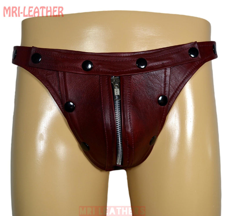 Men Leather Thong adjustable remove able pouch Tow tone maroon leather with zipper - MRI Leathers