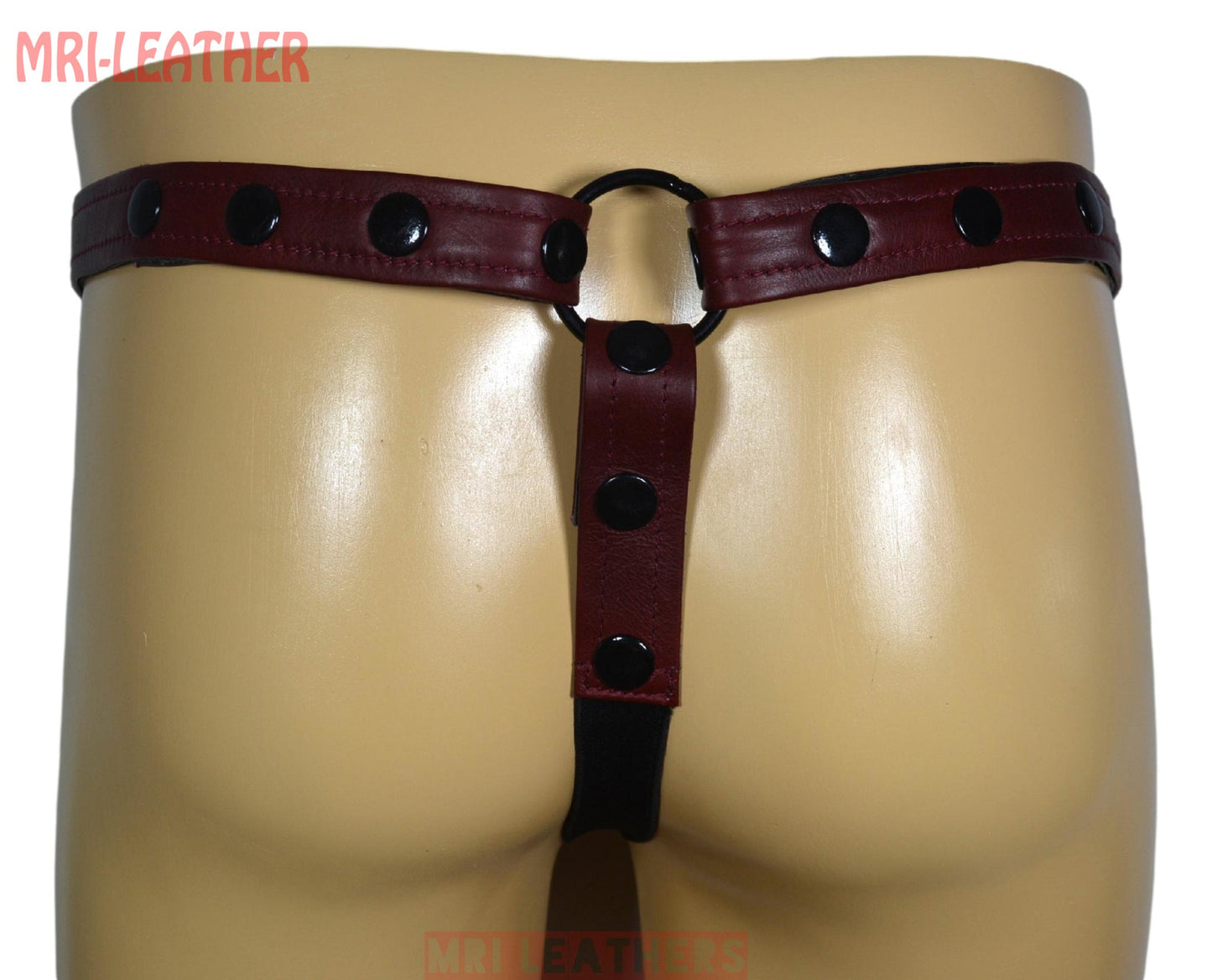 Men Leather Thong adjustable remove able pouch Tow tone maroon leather with zipper - MRI Leathers