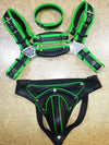 Mens Leather 'H' Bulldog HANDLER HARNESS GAY black green adjustable straps,jock - MRI Leathers