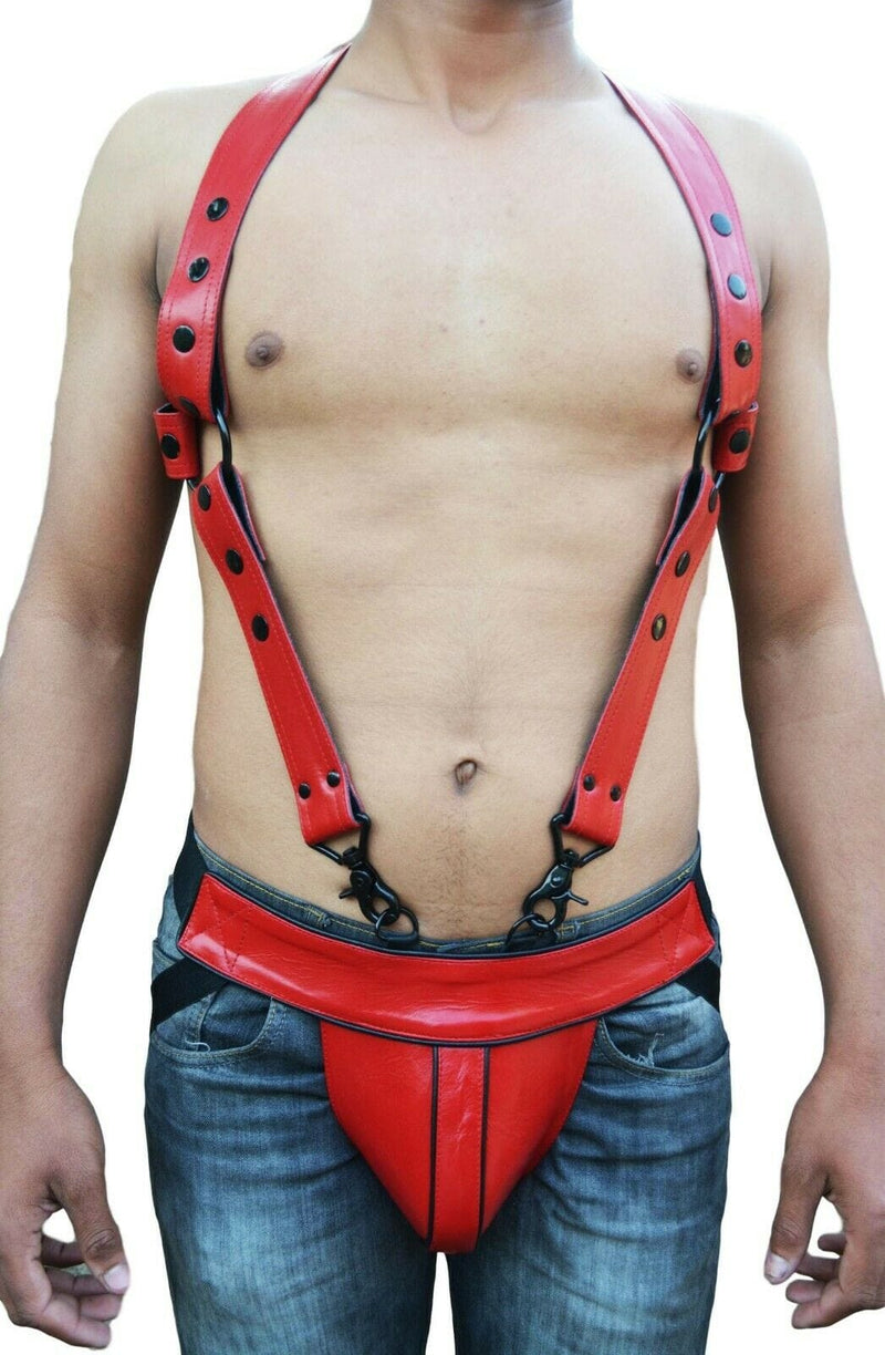 Mens Leather 'H' Bulldog HARNESS GAY black RED adjustable straps - MRI Leathers