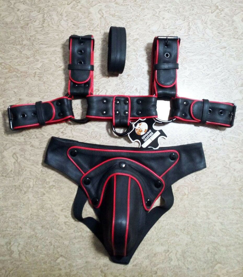 Mens Leather 'H' Bulldog HARNESS GAY black RED adjustable straps - MRI Leathers