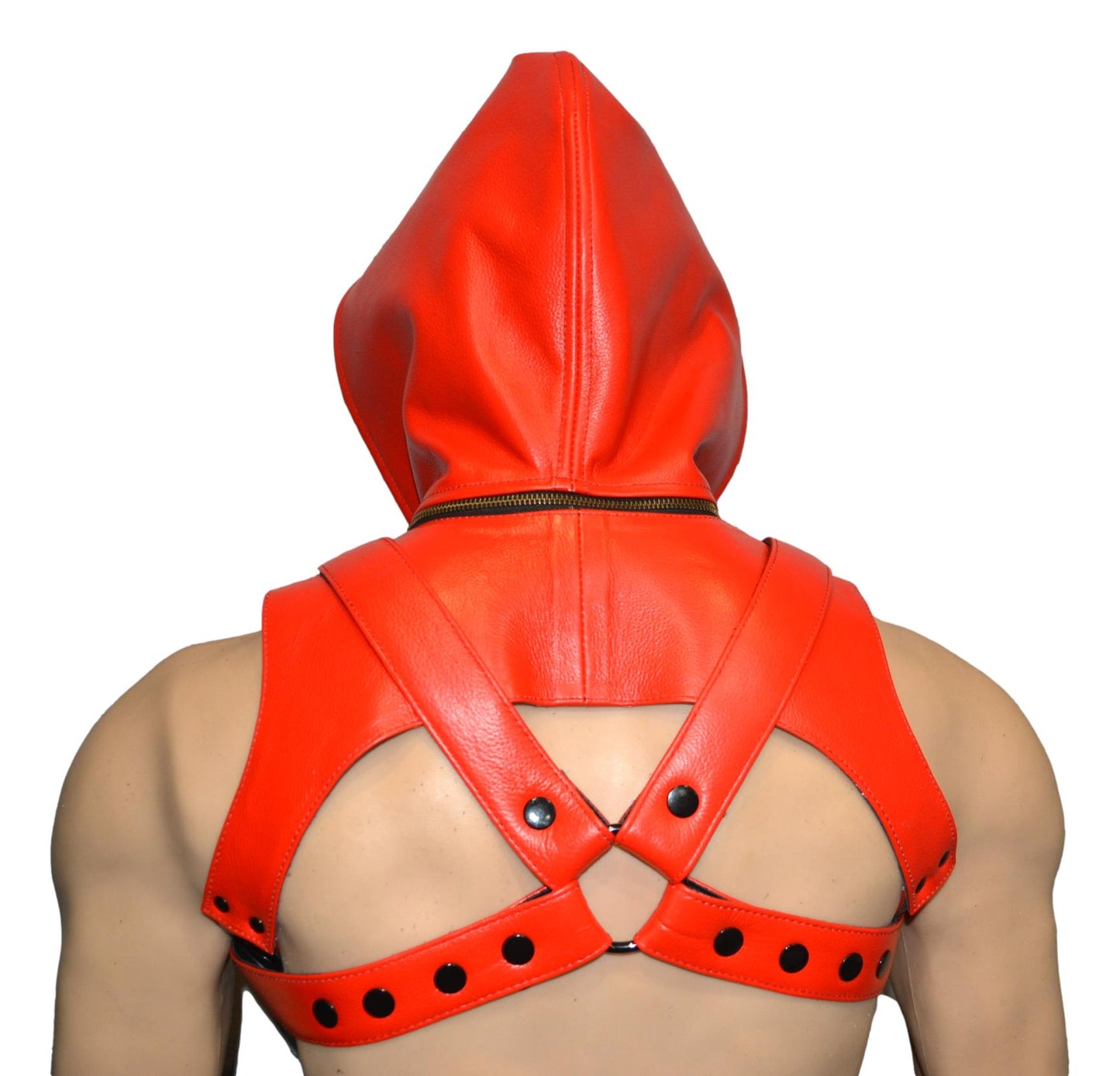 Mens leather sleeveless hoodie harness with adjustable straps and buckles in red.
