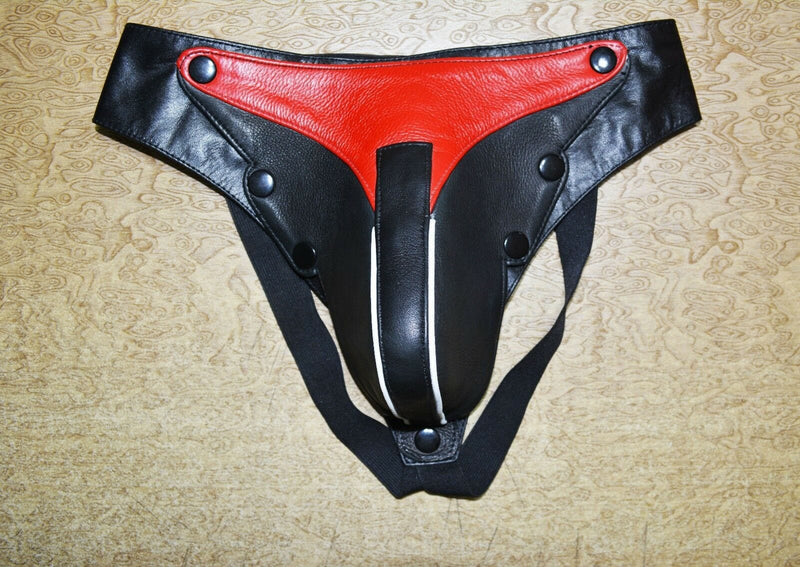 Mens Underwear Leather-Like Cod Piece Thong Jock Red, Black, All Sizes - MRI Leathers