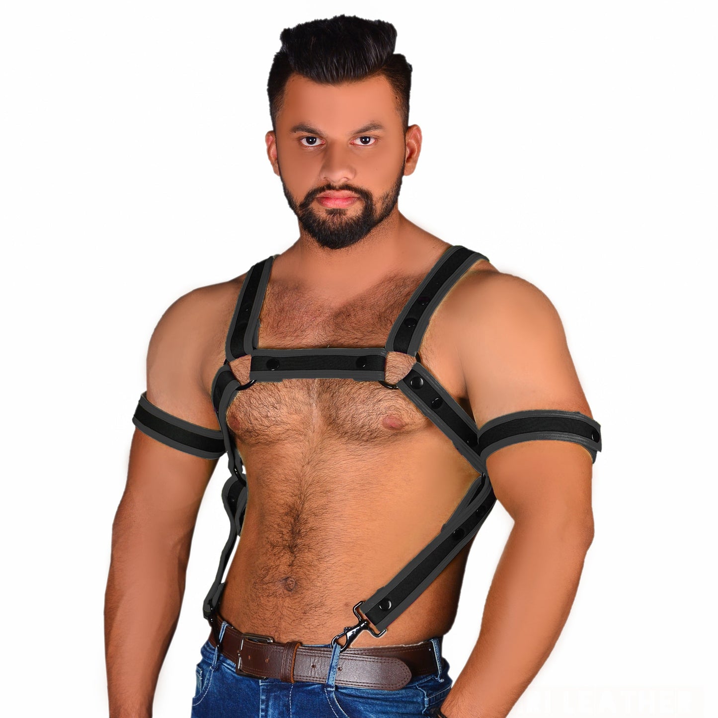 Neoprene harness showcased on shirtless man with adjustable straps.