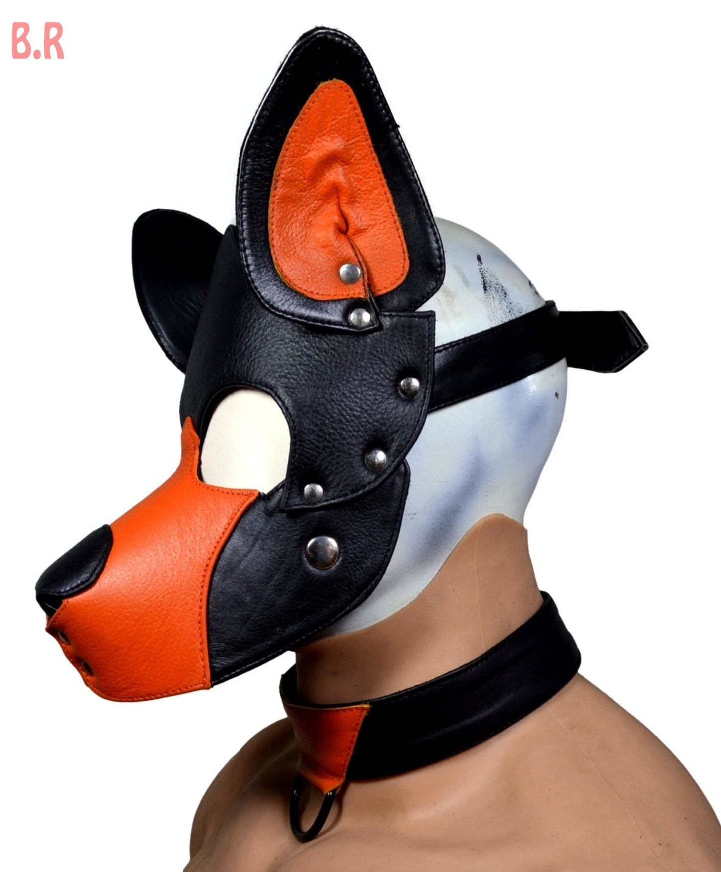 Full leather adjustable pup hood with stainless snaps, black and orange colors.