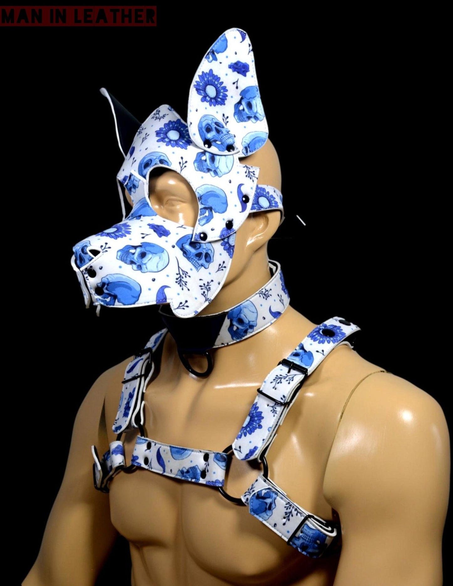 Puppy Play Dog Hood Mask Leather Men Chest Harness Strap Neck Collar - MRI Leathers