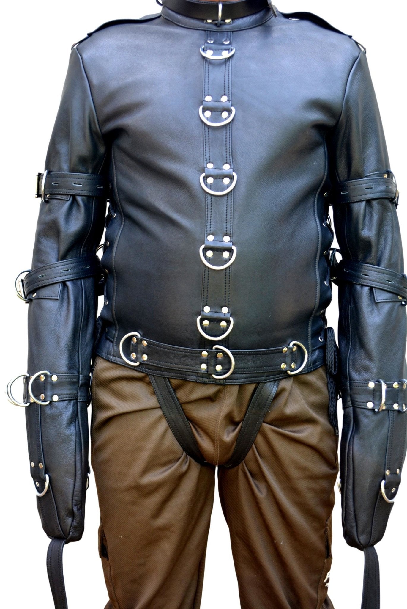 Heavy-duty black leather straitjacket with multiple D-rings and riveted straps for extreme restraint.