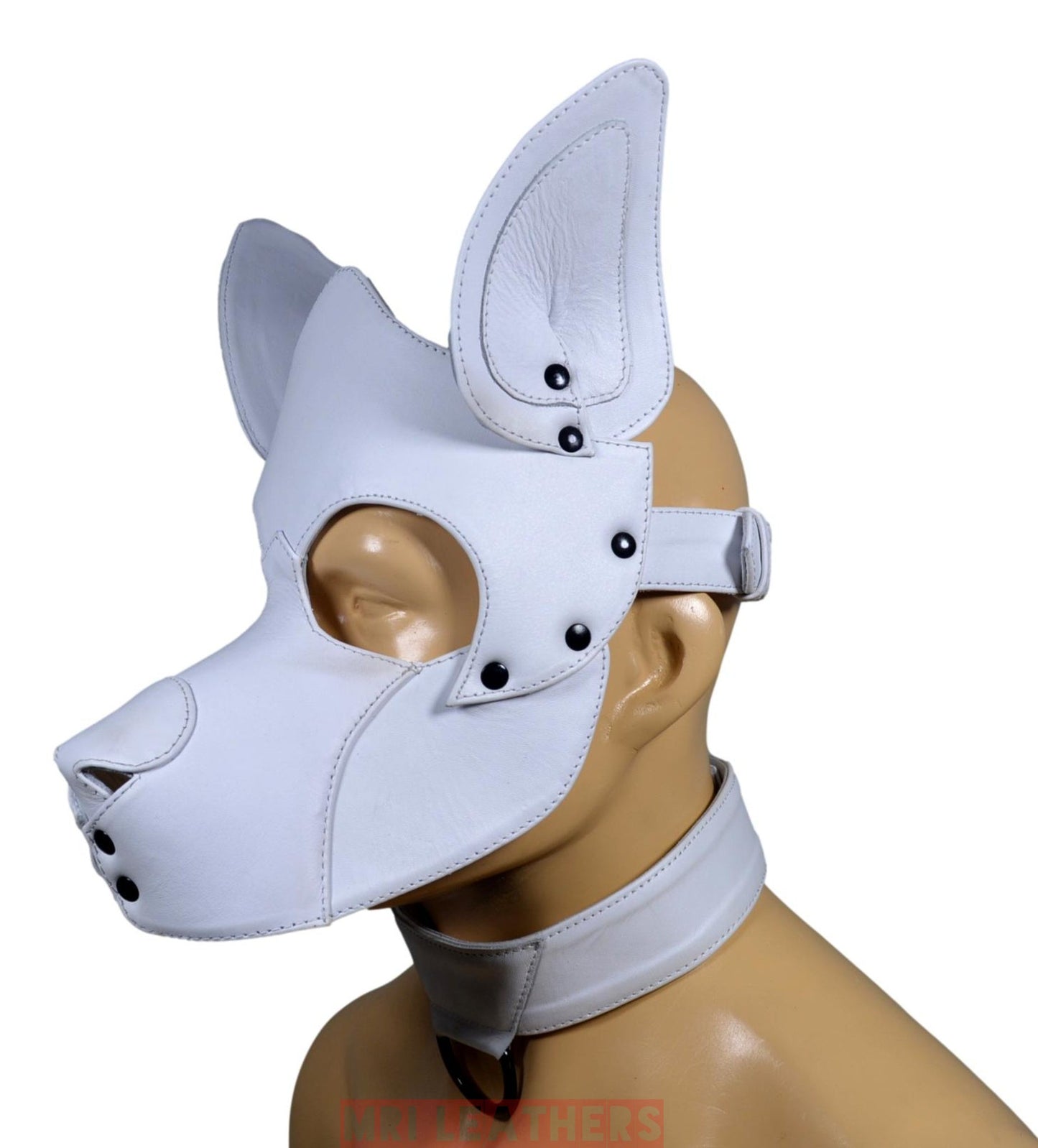 Stitch Leather Pup Mask White Leather - MRI Leathers