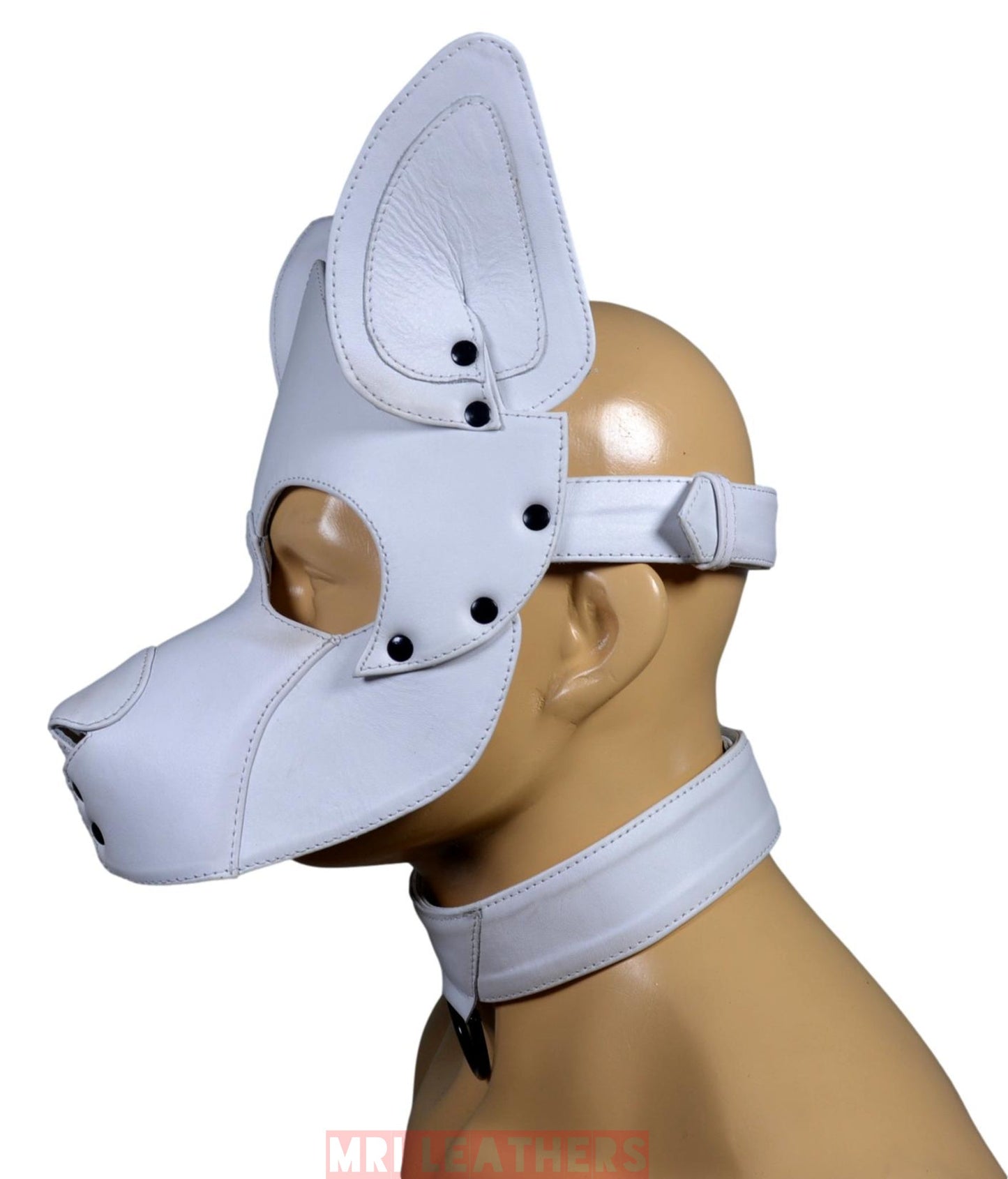 Stitch Leather Pup Mask White Leather - MRI Leathers