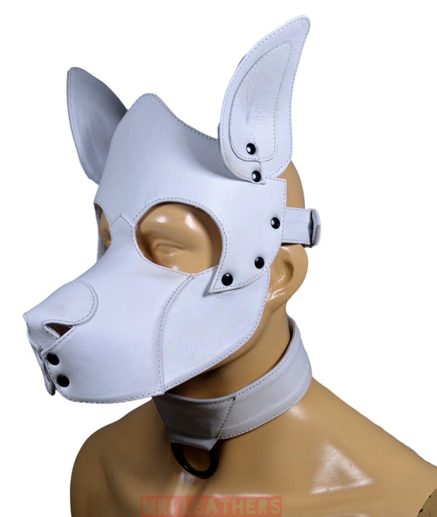 Stitch Leather Pup Mask White Leather - MRI Leathers