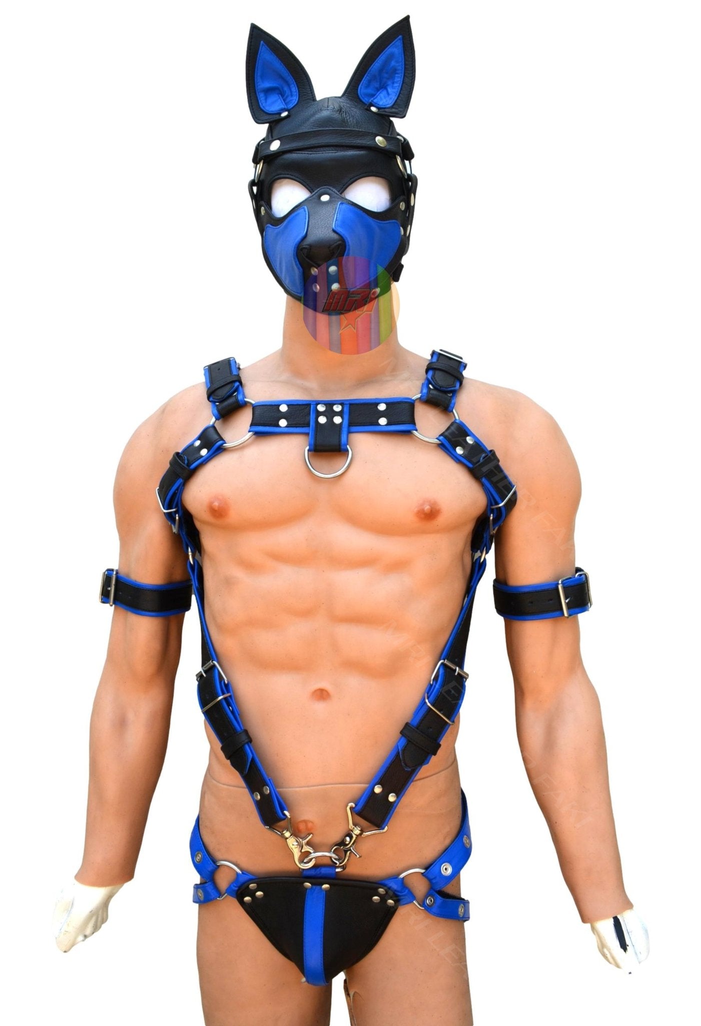 Trojan Body Harness Men leather side straps harness, bdsm harness, leather harness, gay harness with puppy mask - MRI Leathers