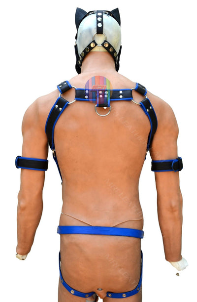 Trojan Body Harness Men leather side straps harness, bdsm harness, leather harness, gay harness with puppy mask - MRI Leathers
