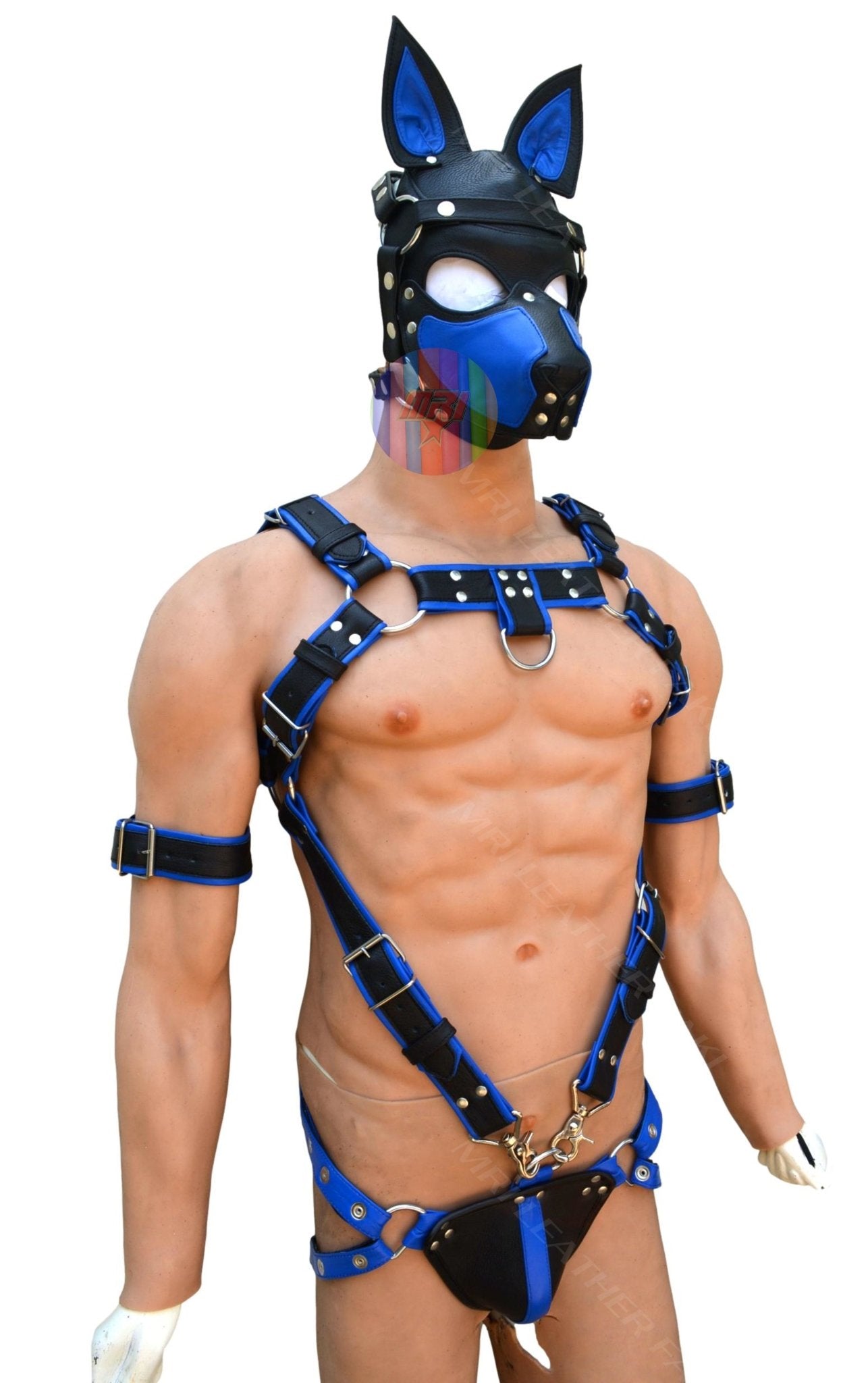 Trojan Body Harness Men leather side straps harness, bdsm harness, leather harness, gay harness with puppy mask - MRI Leathers