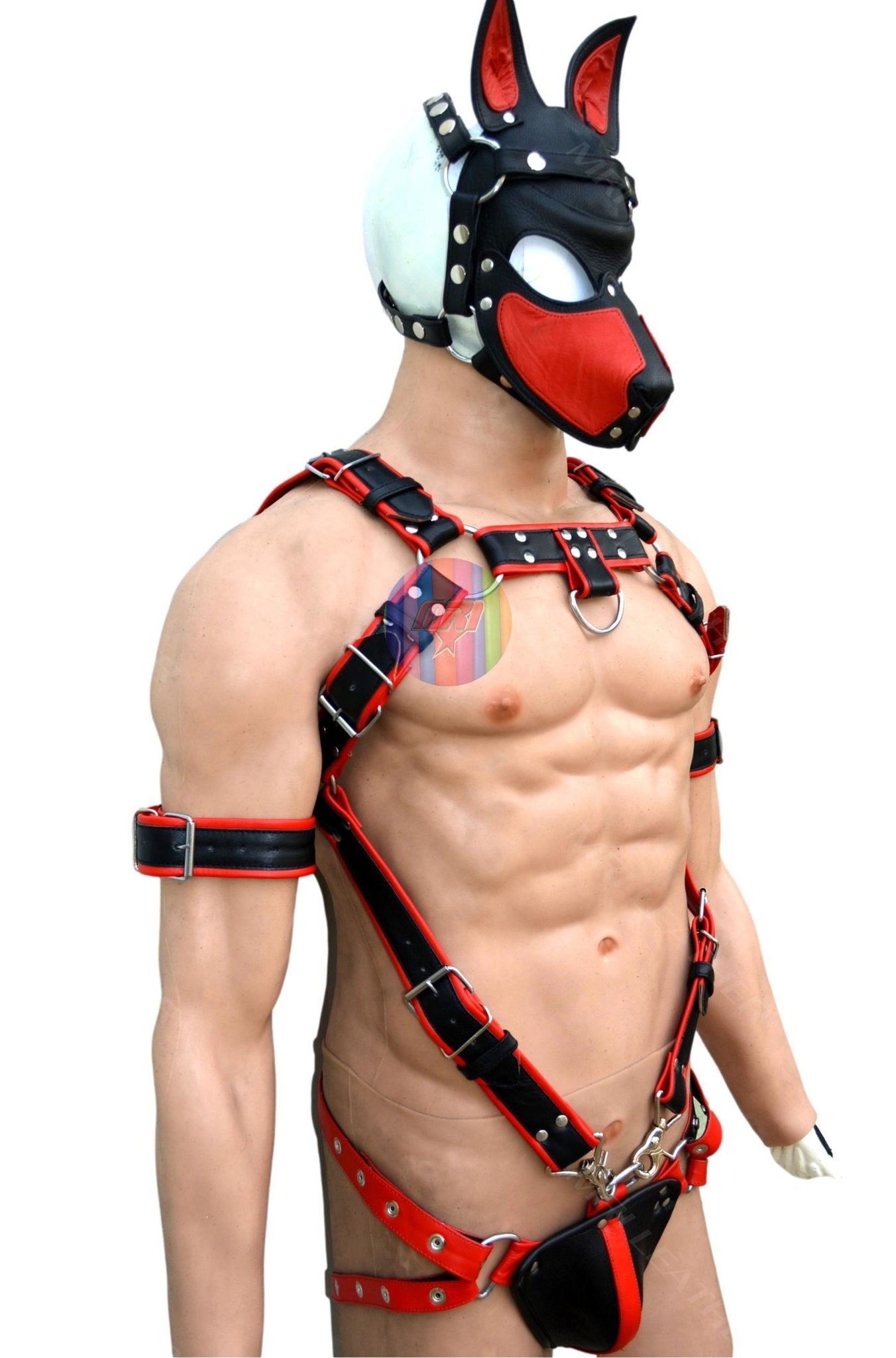 Trojan Body Harness Men leather side straps harness, bdsm harness, leather harness, gay harness with puppy mask - MRI Leathers