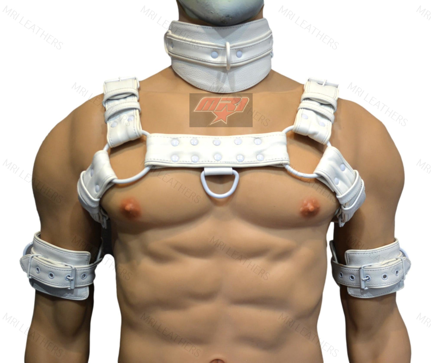 White men's leather harness with heavy duty construction, stainless steel rings, and adjustable buckles.