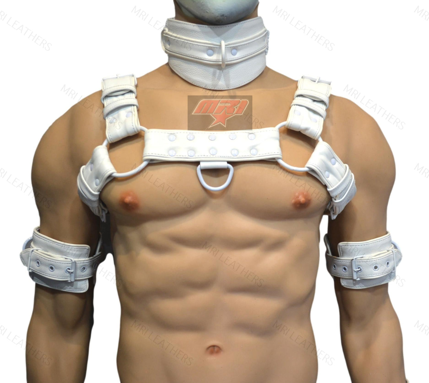 White men's leather harness with heavy duty stitching and adjustable buckles.