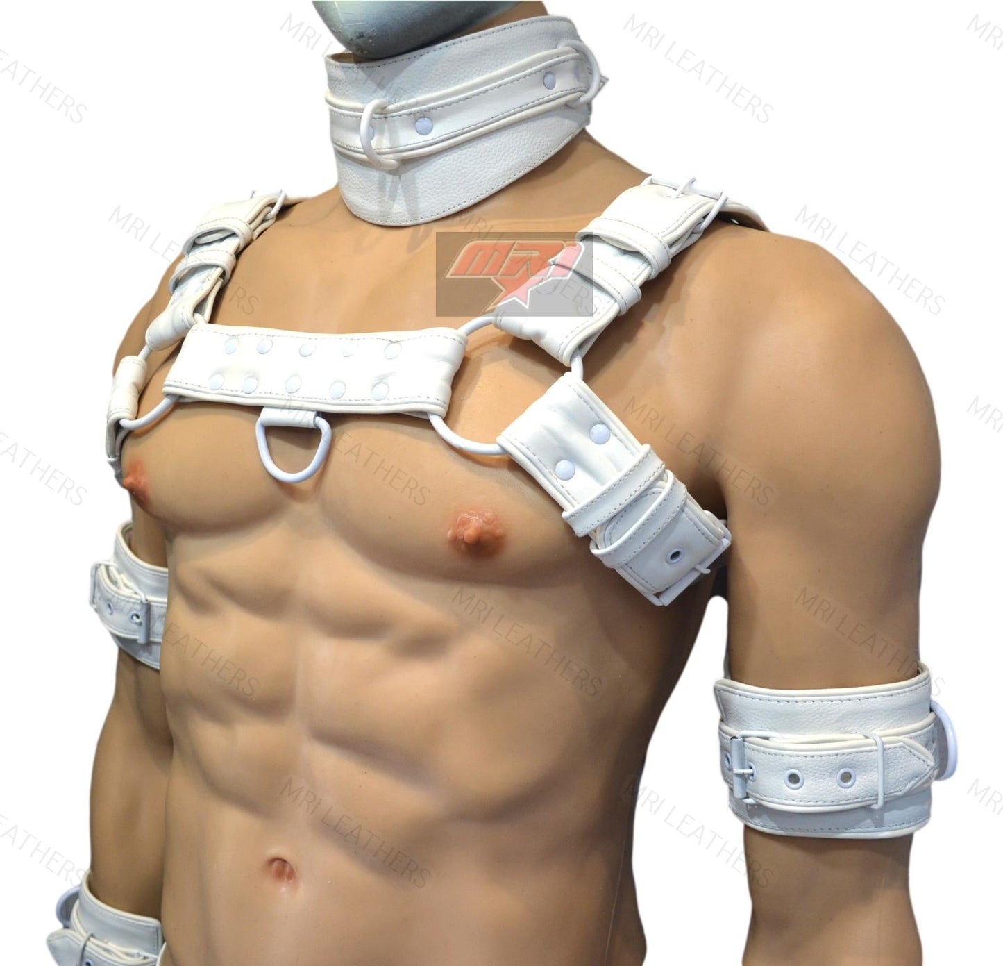 White men's leather harness with heavy-duty buckles and stainless steel rings.