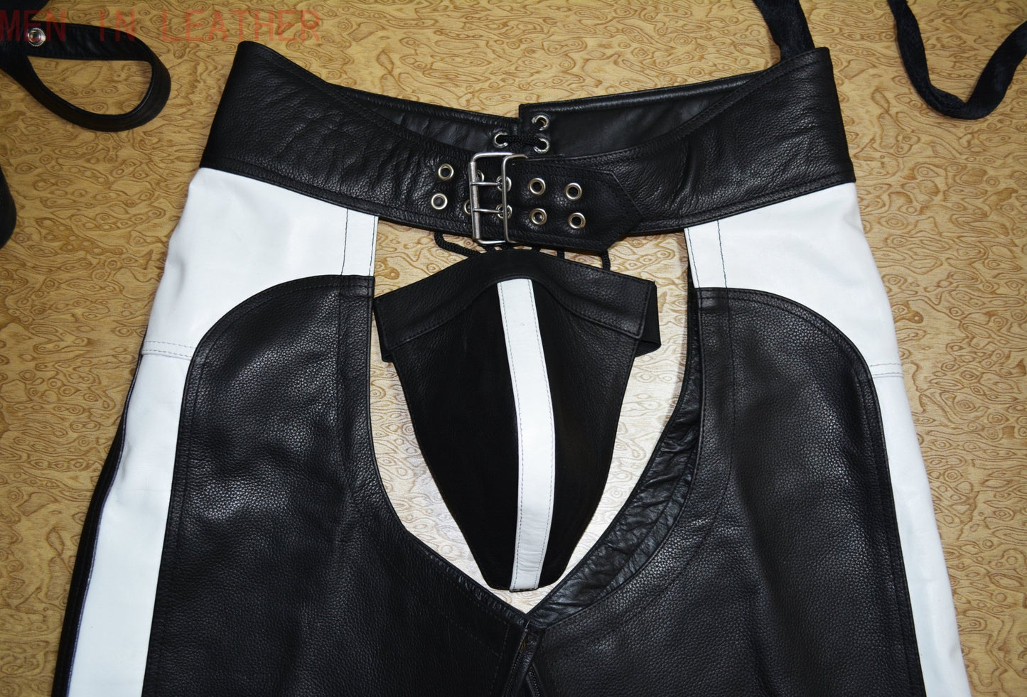 Black and White Leather Short Chaps with Open Front Men’s Leather Fetish Chaps Pride Leather Wear Custom Handmade Chaps - MRI Leathers