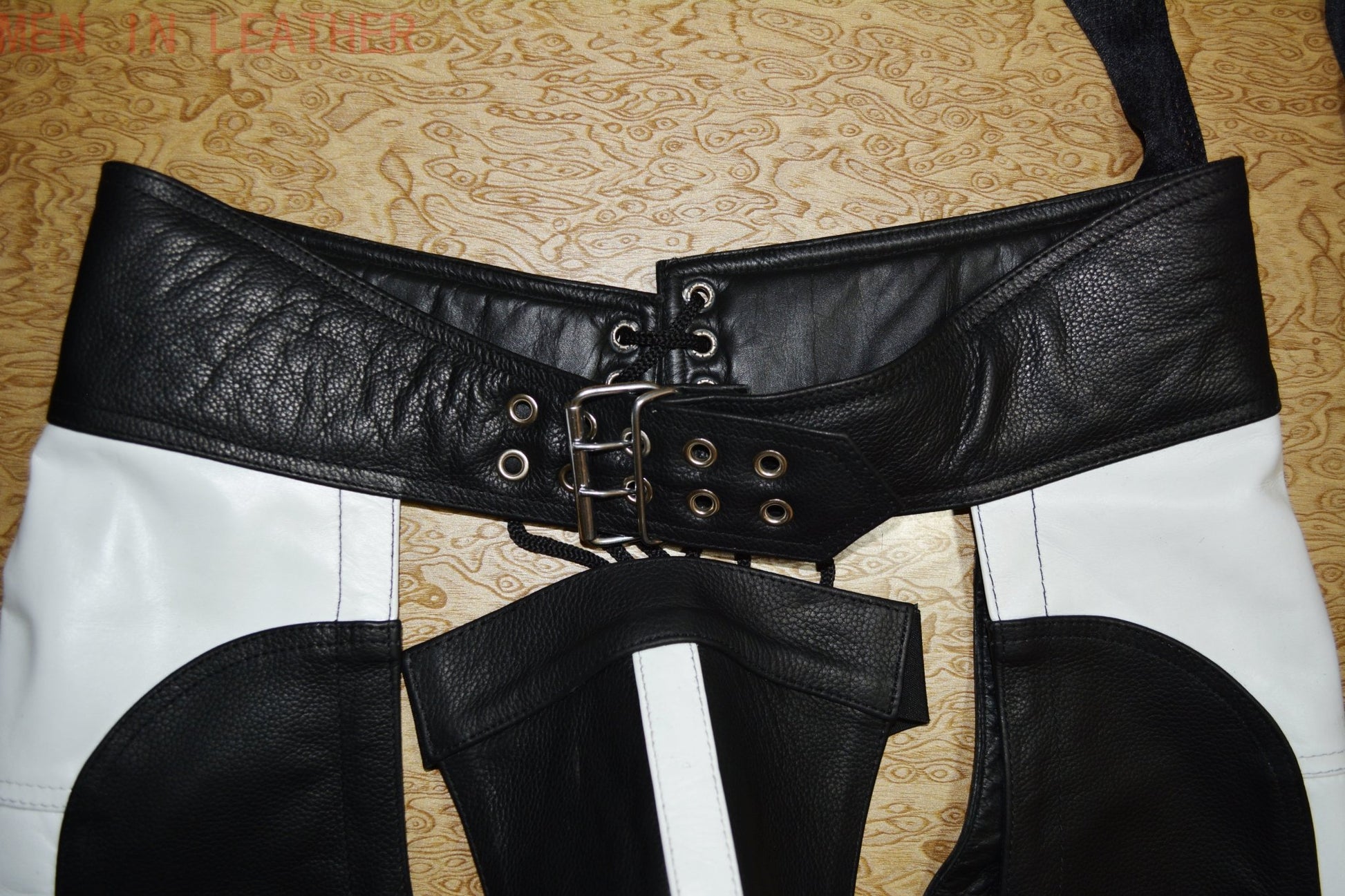 Black and White Leather Short Chaps with Open Front Men’s Leather Fetish Chaps Pride Leather Wear Custom Handmade Chaps - MRI Leathers