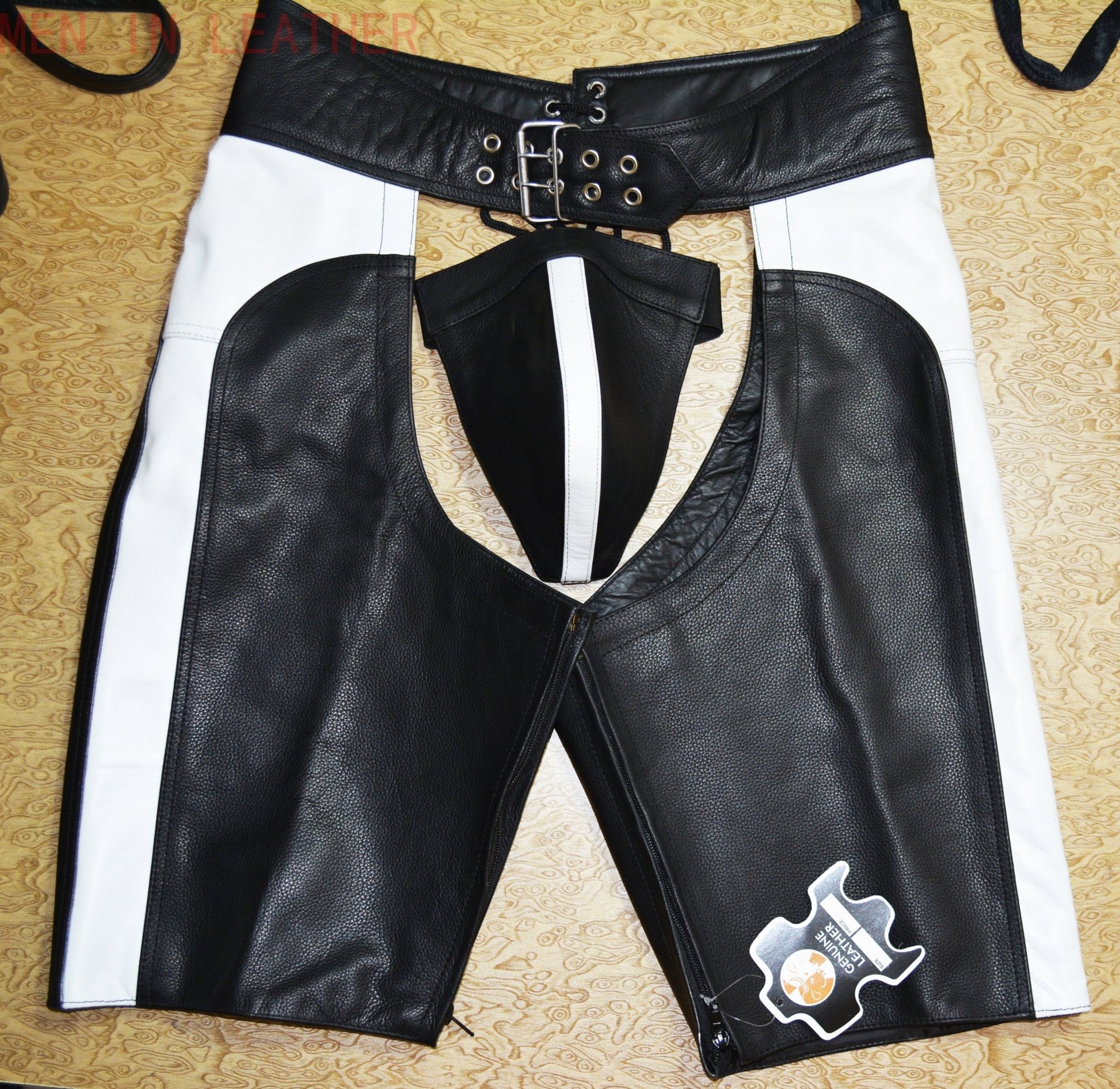 Black and White Leather Short Chaps with Open Front Men’s Leather Fetish Chaps Pride Leather Wear Custom Handmade Chaps - MRI Leathers