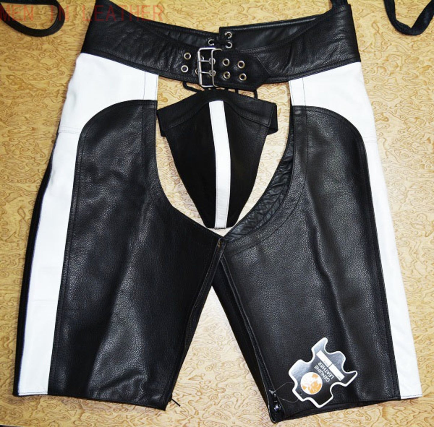 Black and White Leather Short Chaps with Open Front Men’s Leather Fetish Chaps Pride Leather Wear Custom Handmade Chaps - MRI Leathers