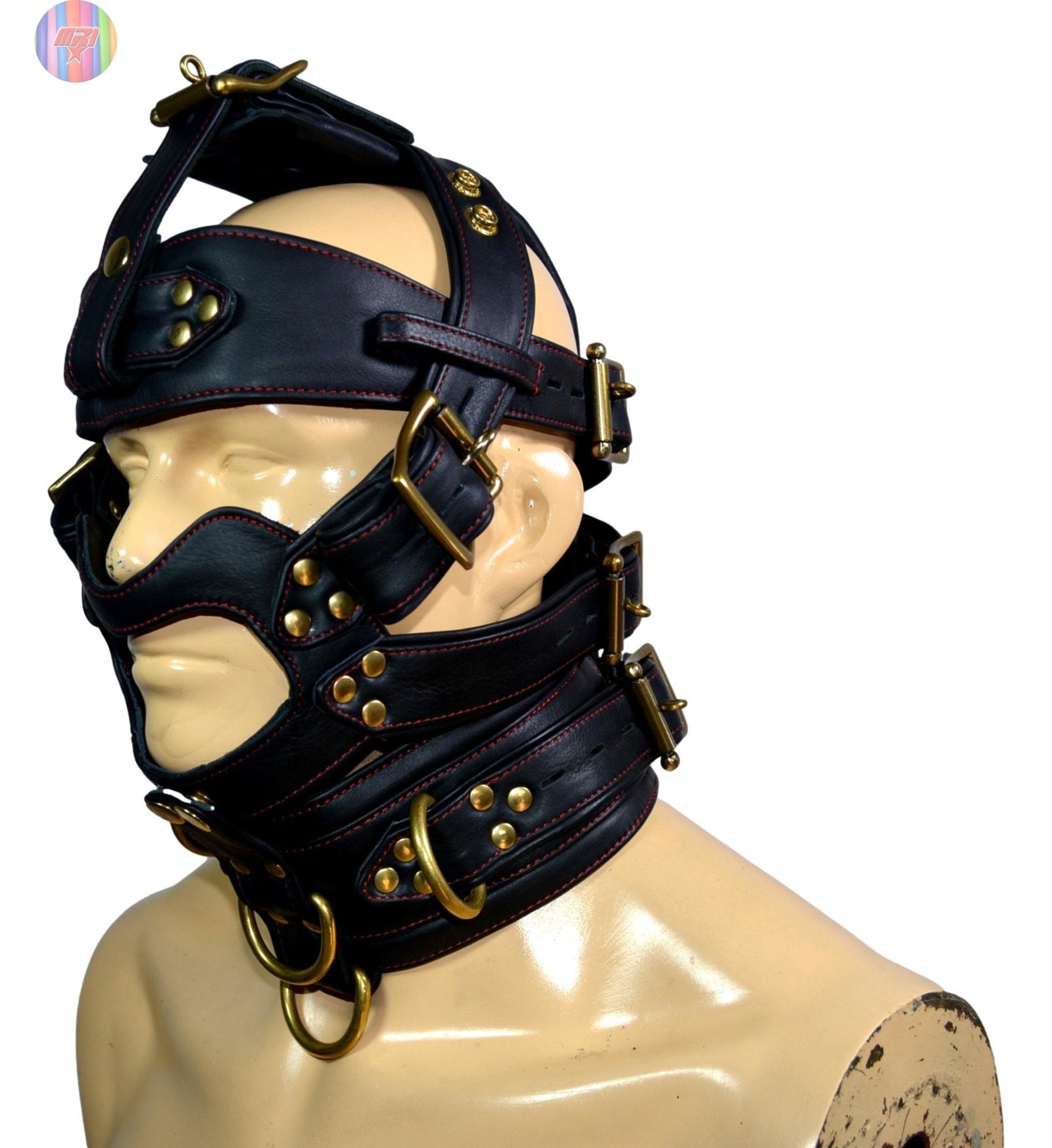 Black Leather Dog Muzzle Hood with Spikes & Brass Hardware Adjustable Puppy Play Mask - MRI Leathers