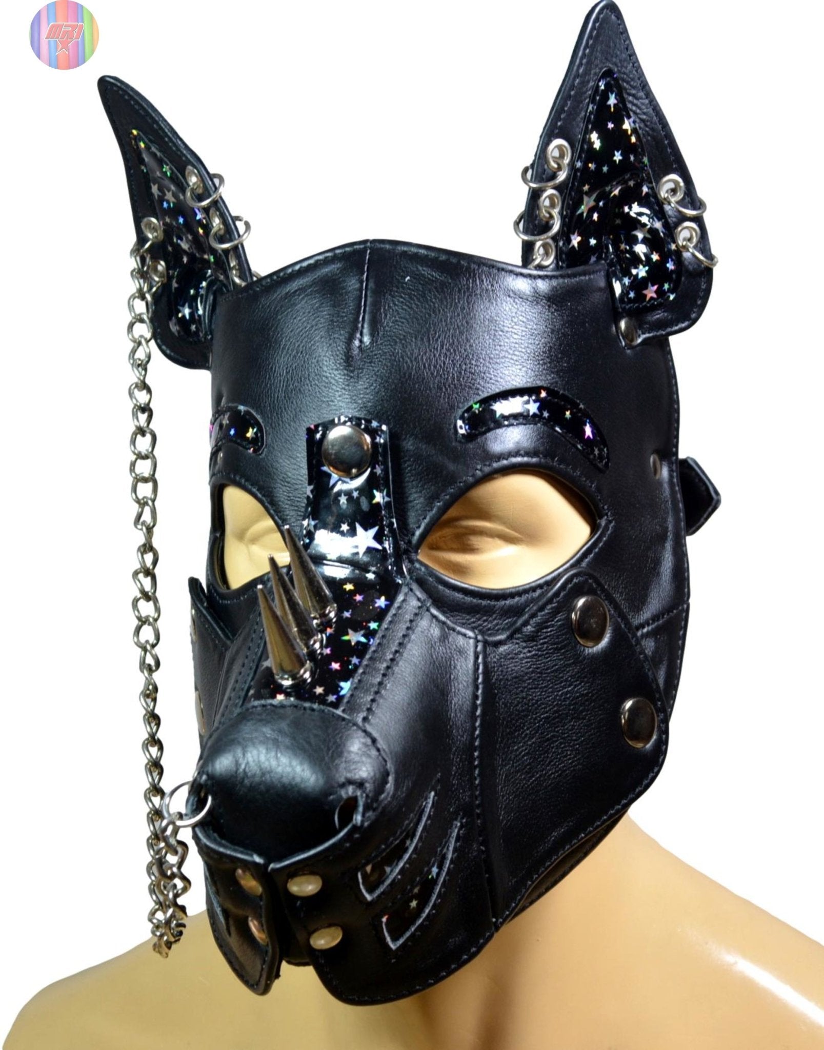 Black Leather Puppy Hood with Spikes & Chains – Adjustable Dog Mask with Star Print Ears for Cosplay, Pet Play, and Roleplay - MRI Leathers