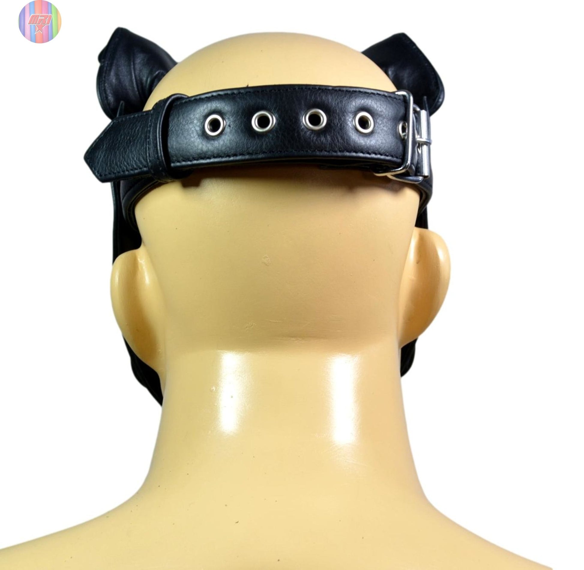 Black Leather Puppy Hood with Spikes & Chains – Adjustable Dog Mask with Star Print Ears for Cosplay, Pet Play, and Roleplay - MRI Leathers