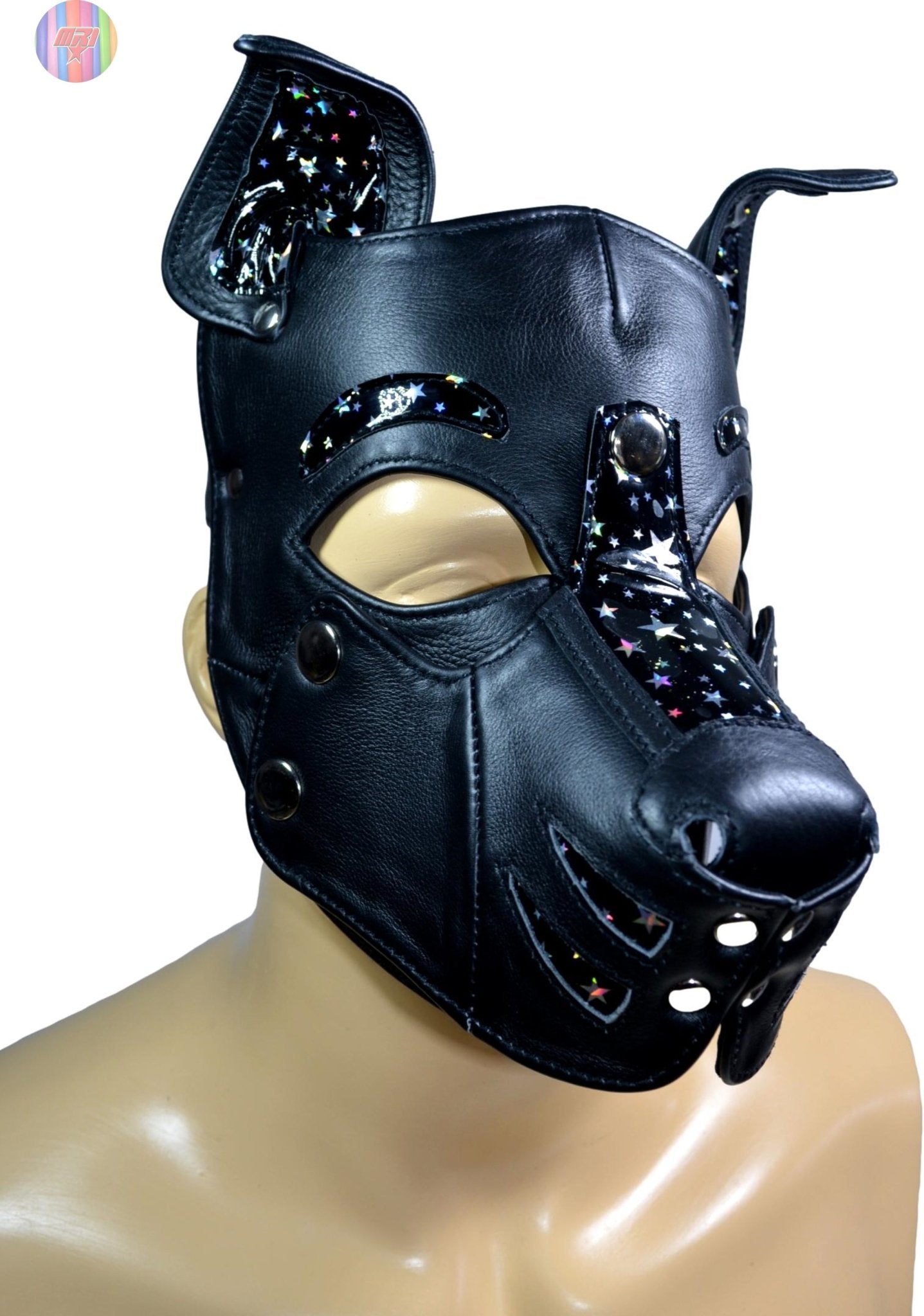 Black Leather Puppy Hood with Spikes & Chains – Adjustable Dog Mask with Star Print Ears for Cosplay, Pet Play, and Roleplay - MRI Leathers