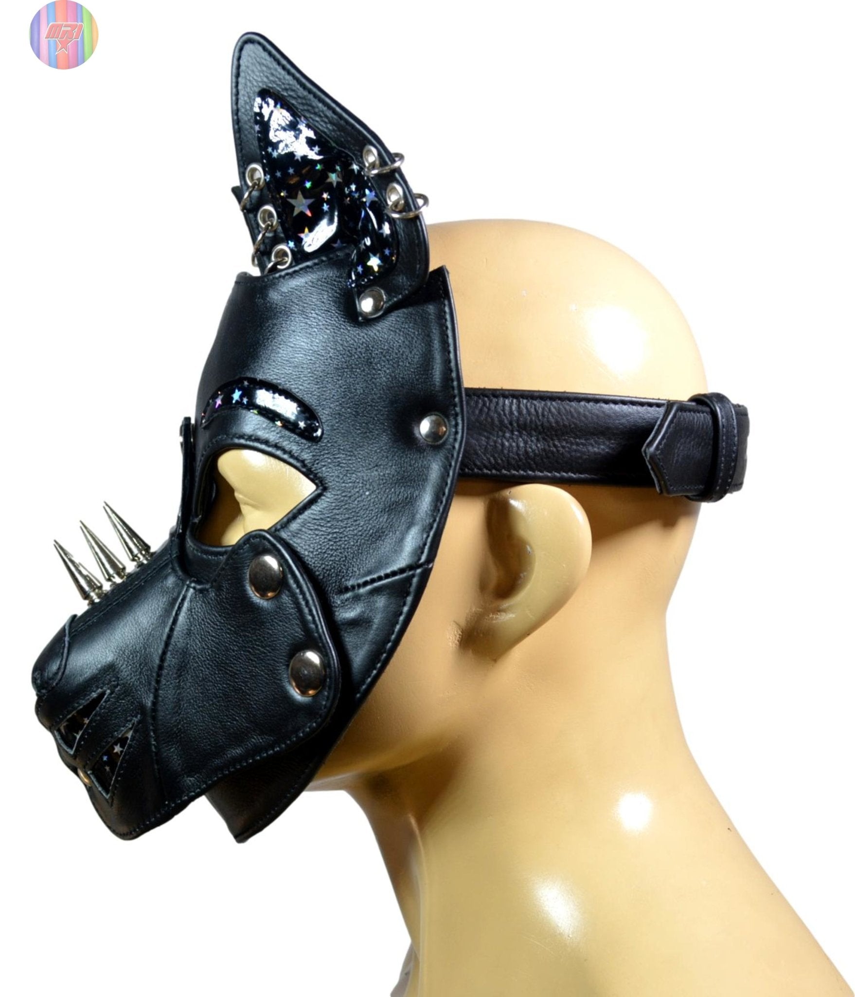 Black Leather Puppy Hood with Spikes & Chains – Adjustable Dog Mask with Star Print Ears for Cosplay, Pet Play, and Roleplay - MRI Leathers