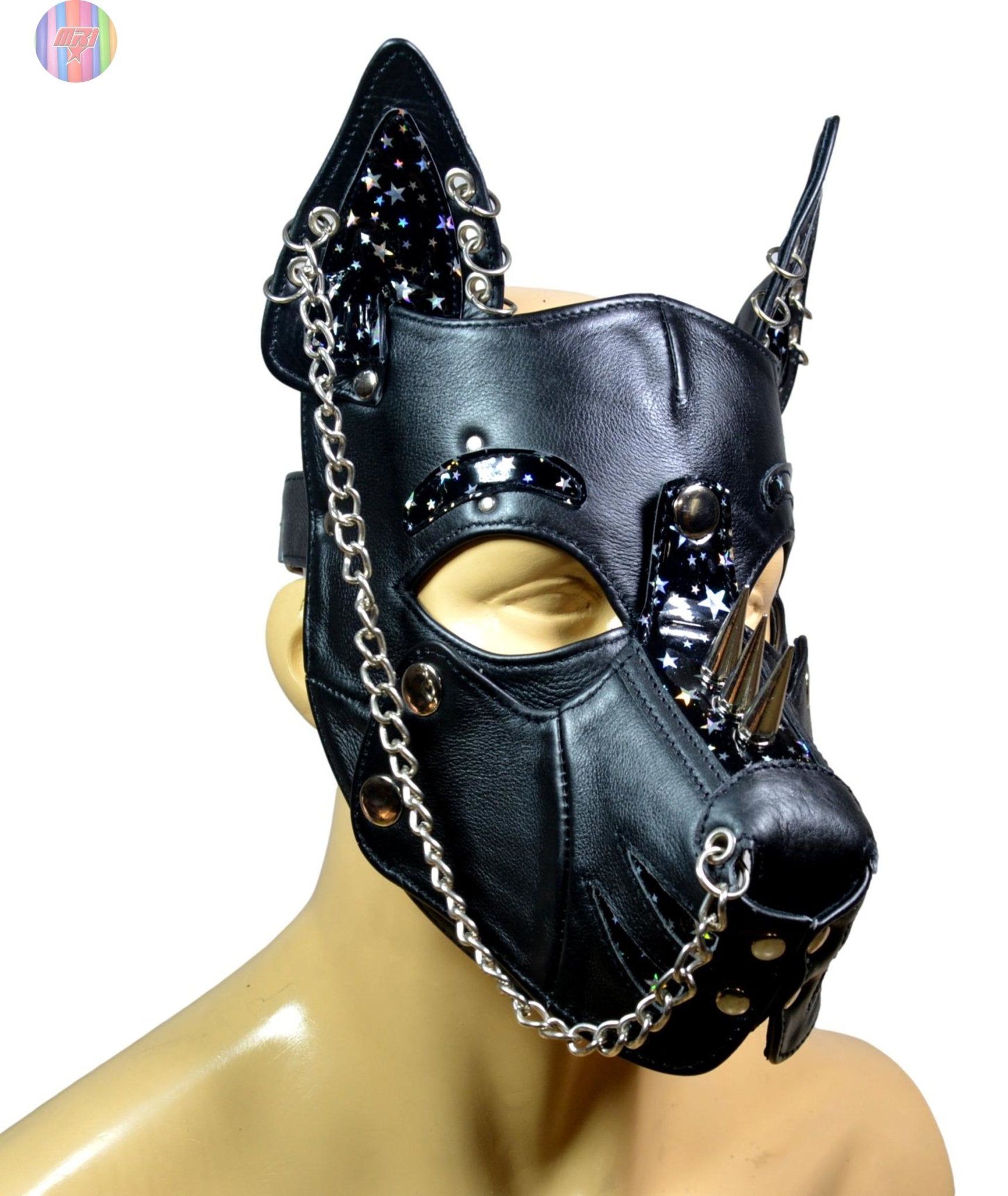 Black Leather Puppy Hood with Spikes & Chains – Adjustable Dog Mask with Star Print Ears for Cosplay, Pet Play, and Roleplay - MRI Leathers