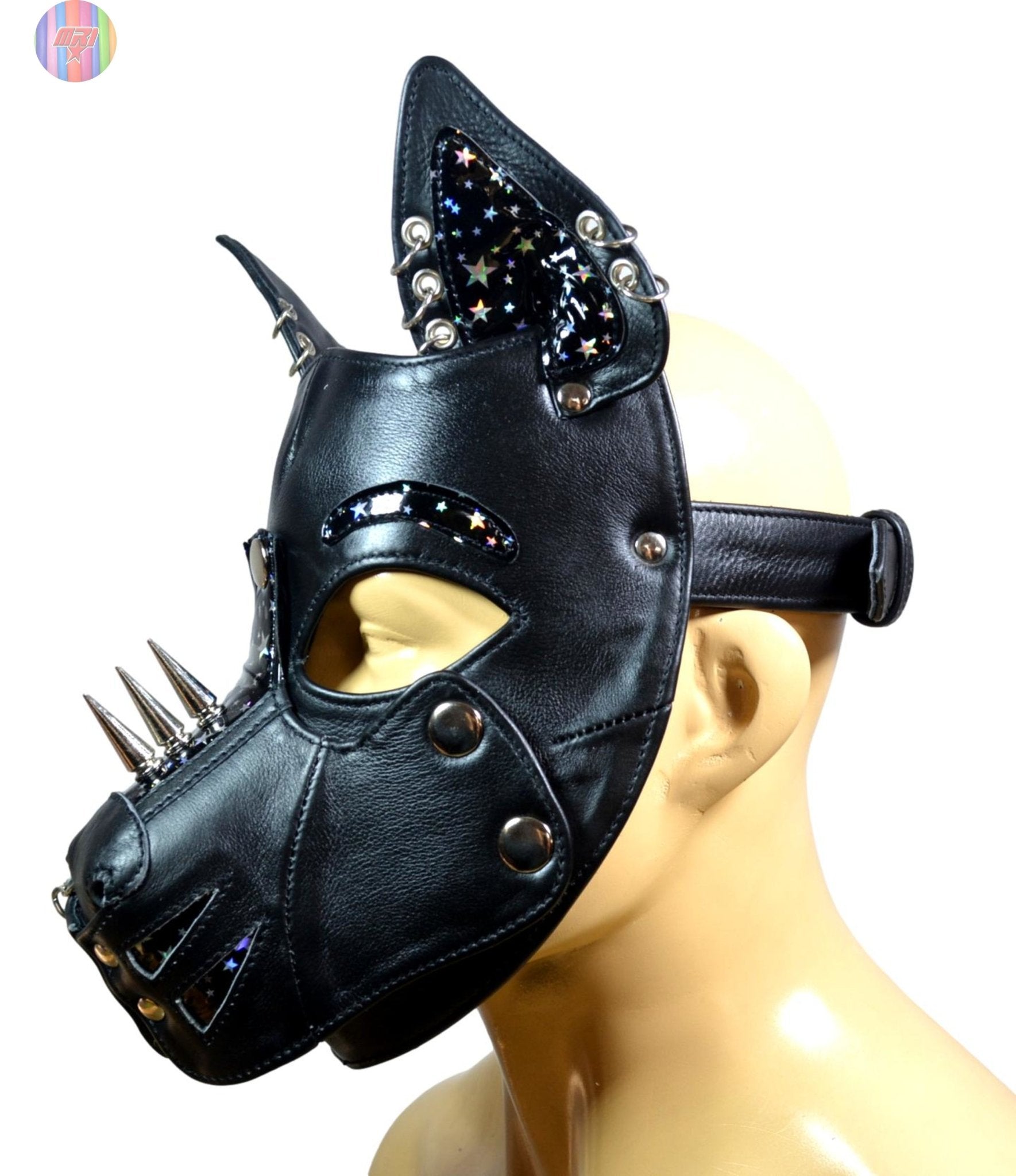 Black Leather Puppy Hood with Spikes & Chains – Adjustable Dog Mask with Star Print Ears for Cosplay, Pet Play, and Roleplay - MRI Leathers