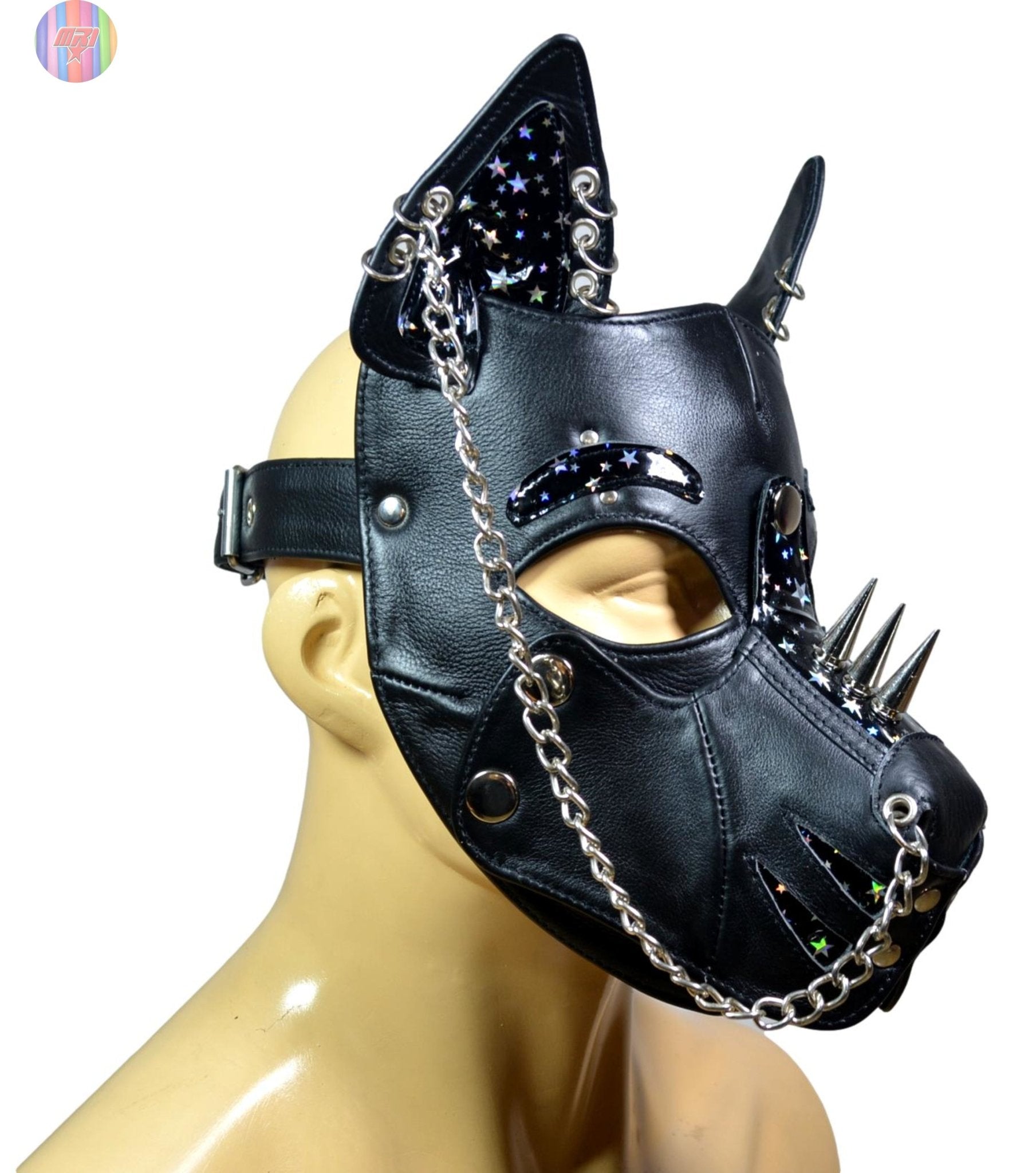Black Leather Puppy Hood with Spikes & Chains – Adjustable Dog Mask with Star Print Ears for Cosplay, Pet Play, and Roleplay - MRI Leathers