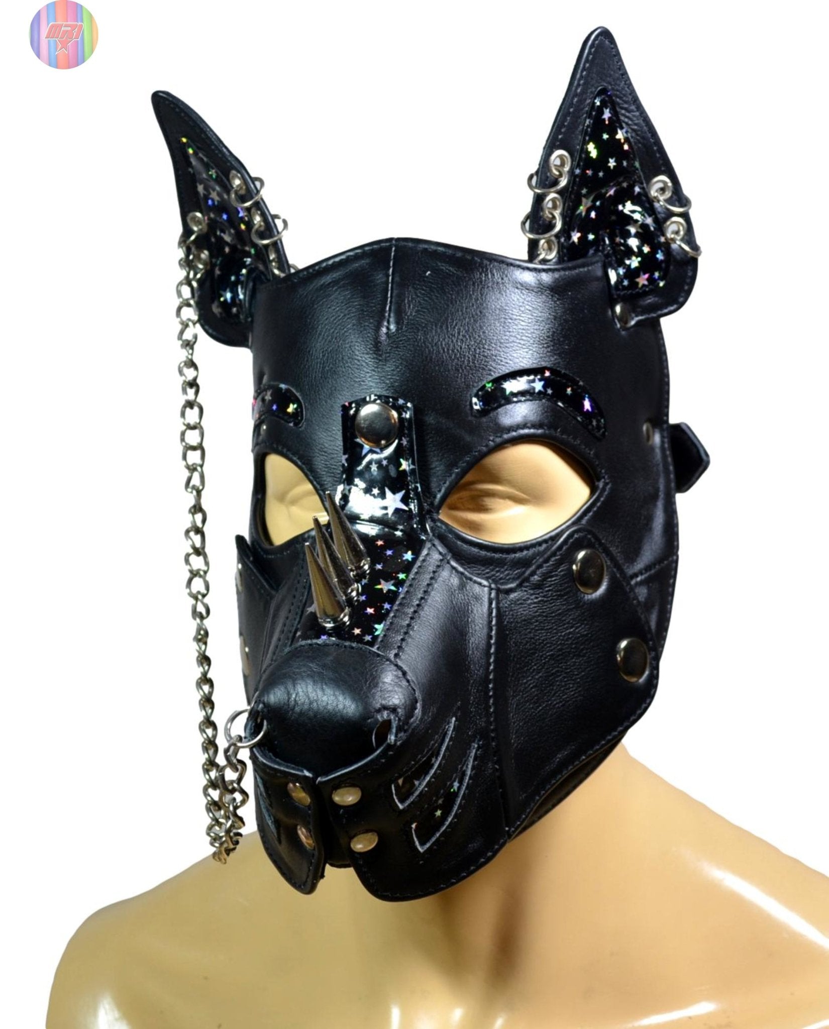 Black Leather Puppy Hood with Spikes & Chains – Adjustable Dog Mask with Star Print Ears for Cosplay, Pet Play, and Roleplay - MRI Leathers