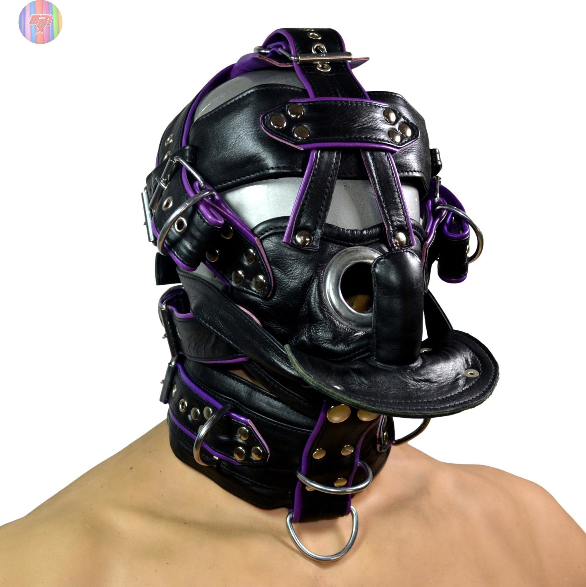 Black & Purple Leather Gag Muzzle Hood – Full Head Harness with Locking Buckles and D - Rings for BDSM Bondage Play - MRI Leathers