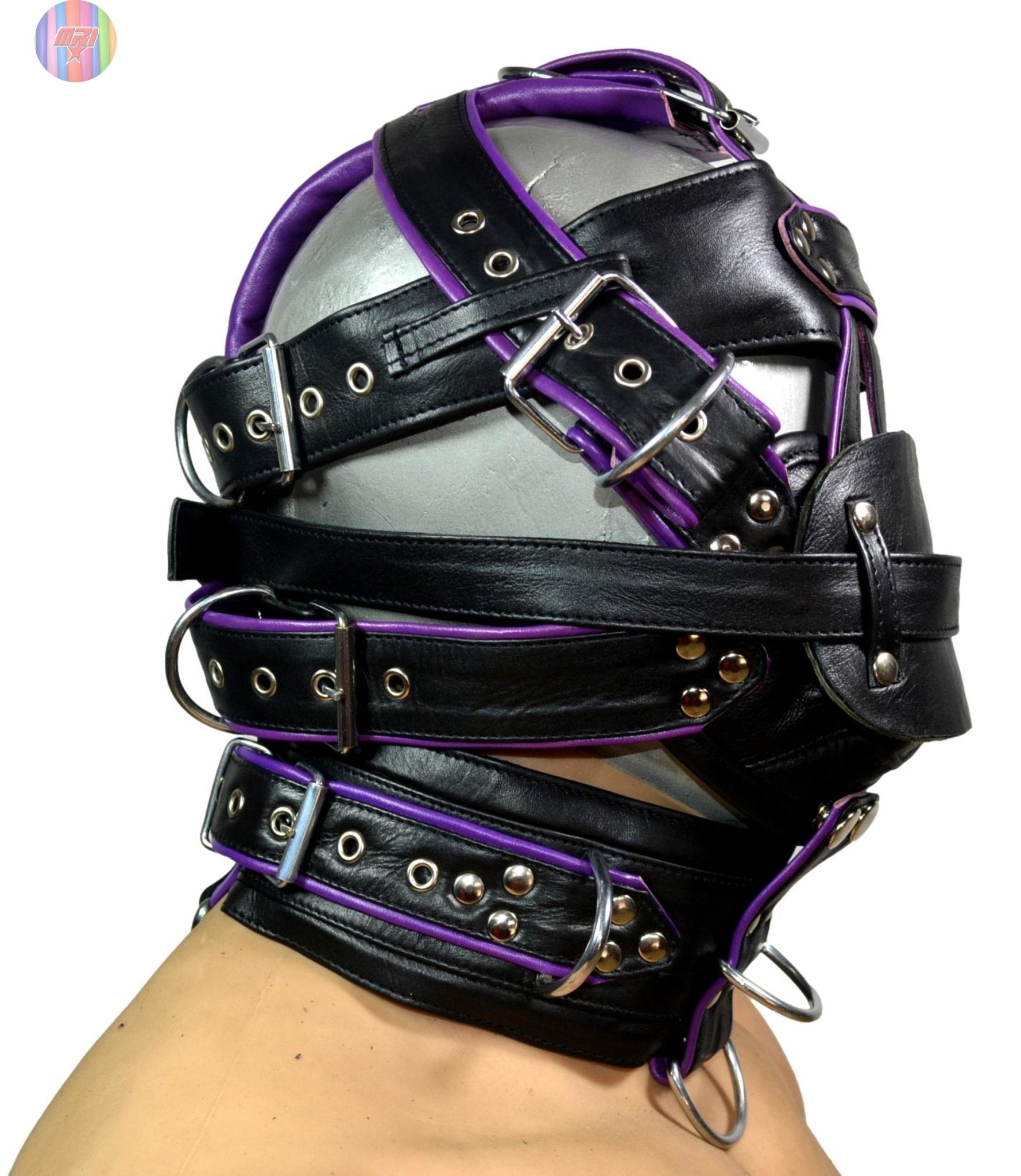 Black & Purple Leather Gag Muzzle Hood – Full Head Harness with Locking Buckles and D - Rings for BDSM Bondage Play - MRI Leathers