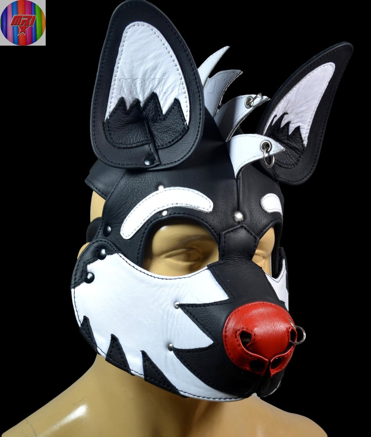 Black & White Leather Puppy Hood with Mohawk Handmade Dog Mask with Spikes and Large Ears - MRI Leathers