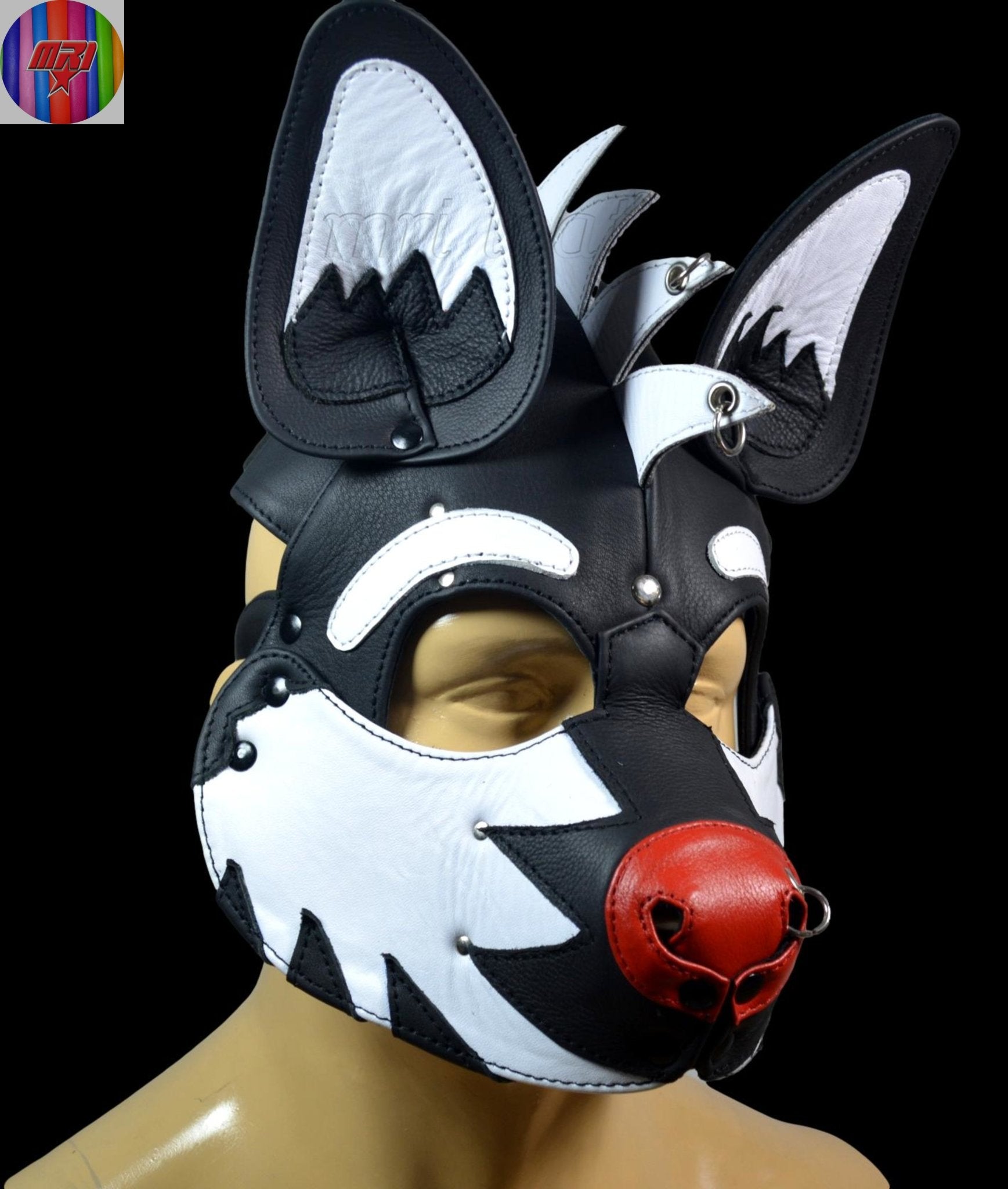 Black & White Leather Puppy Hood with Mohawk Handmade Dog Mask with Spikes and Large Ears - MRI Leathers