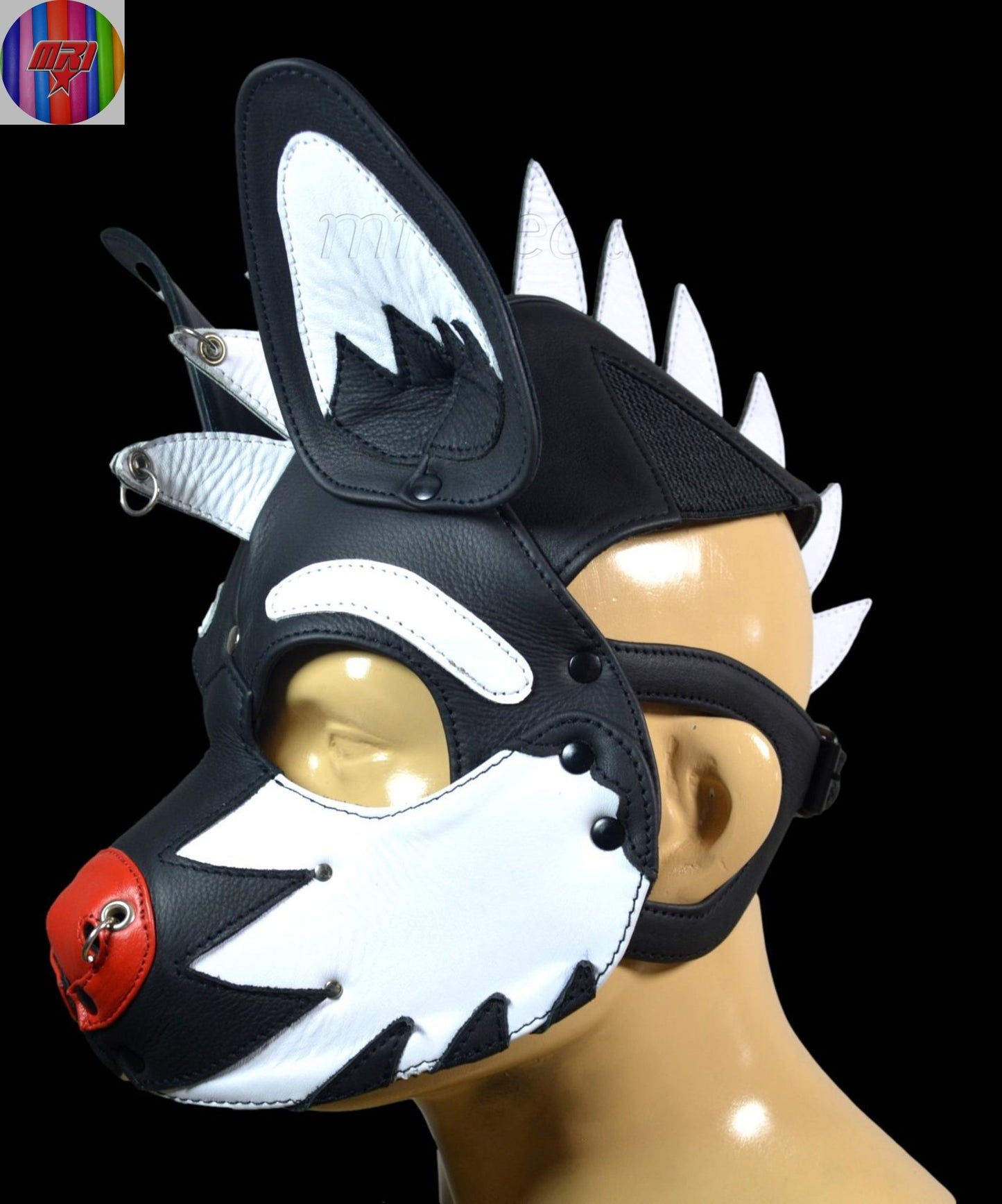 Black & White Leather Puppy Hood with Mohawk Handmade Dog Mask with Spikes and Large Ears - MRI Leathers