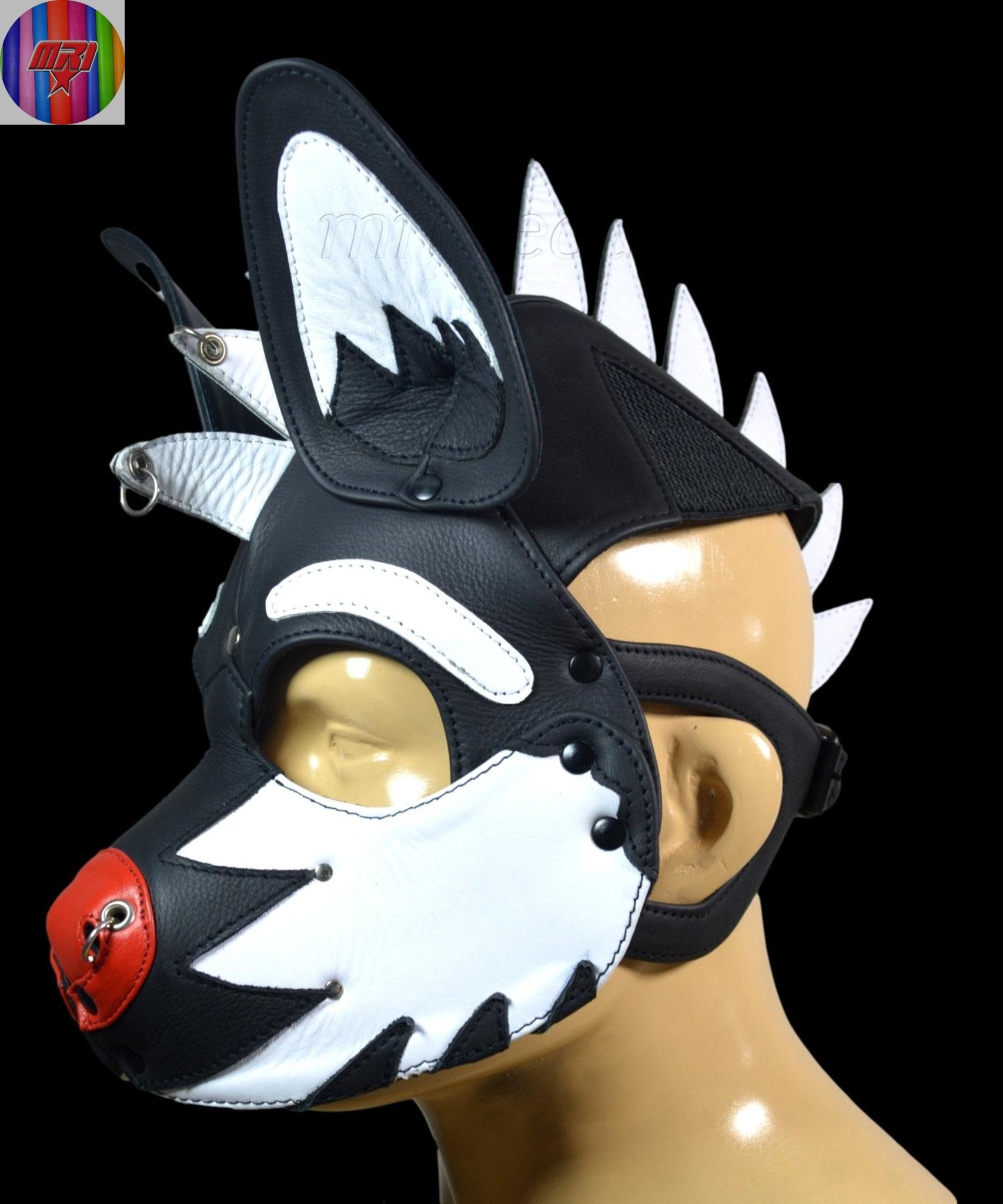 Black & White Leather Puppy Hood with Mohawk Handmade Dog Mask with Spikes and Large Ears - MRI Leathers