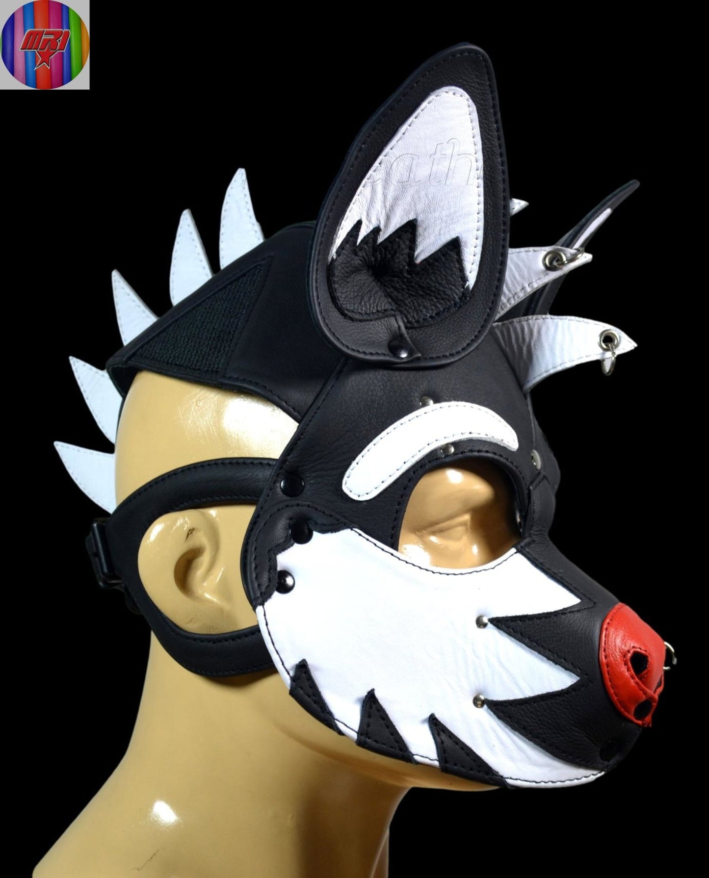 Black & White Leather Puppy Hood with Mohawk Handmade Dog Mask with Spikes and Large Ears - MRI Leathers